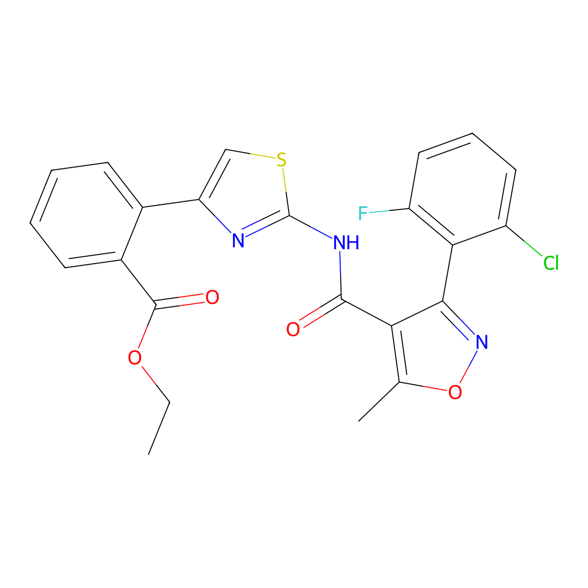 Ethyl 2-[2-({[3-(2-chloro-6-fluorophenyl)-5-methyl-4-isoxazolyl]carbonyl}amino)-1,3-thiazol-4-yl]benzenecarboxylate molecular structure, CAS 250713-88-3