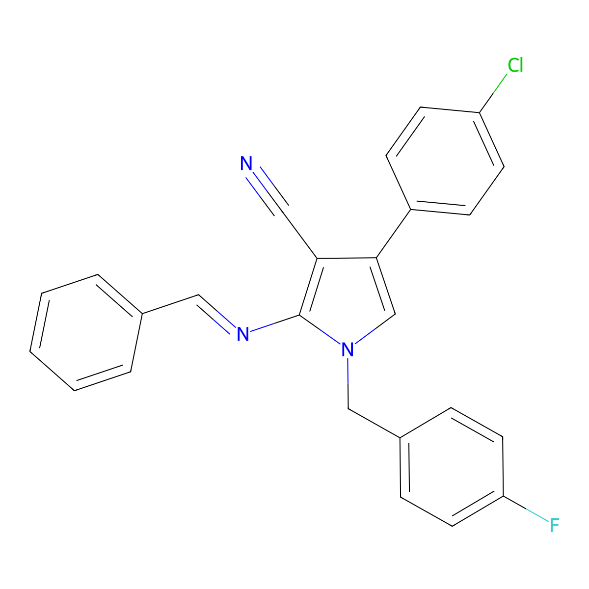 4-(4-chlorophenyl)-1-(4-fluorobenzyl)-2-[(phenylmethylene)amino]-1H-pyrrole-3-carbonitrile molecular structure, CAS 250713-91-8