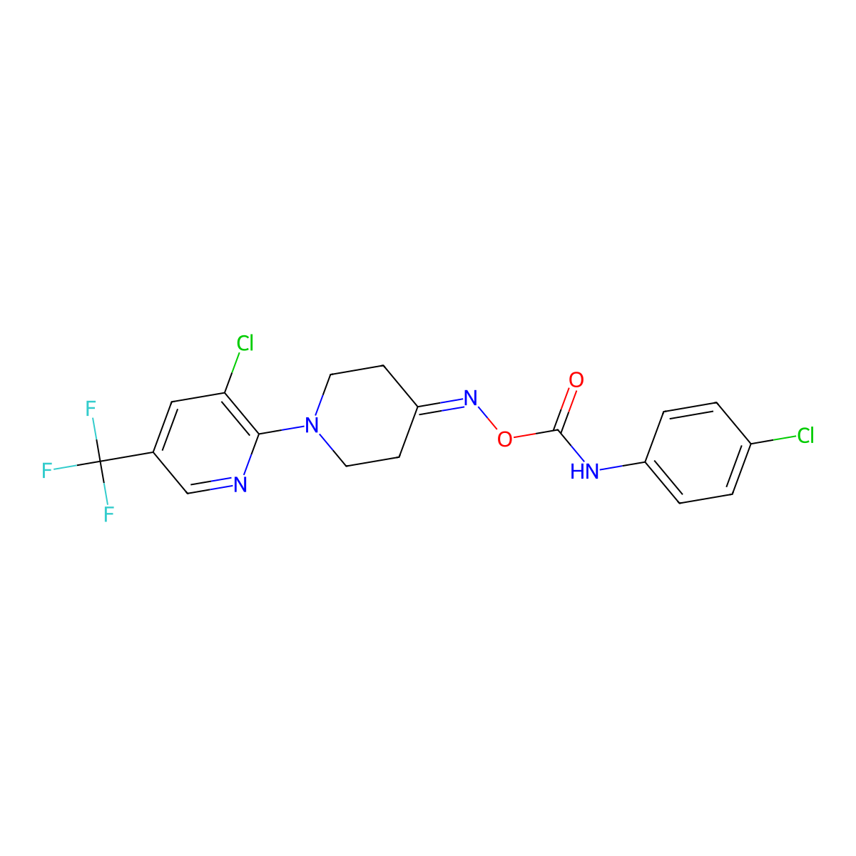 3-Chloro-2-[4-({[(4-chloroanilino)carbonyl]oxy}imino)piperidino]-5-(trifluoromethyl)pyridine molecular structure, CAS 250714-01-3