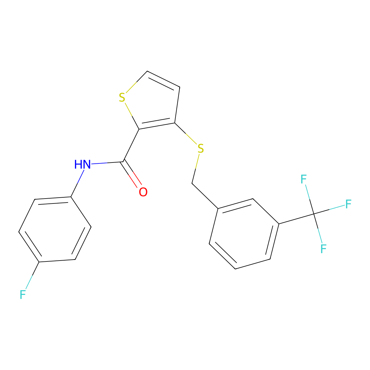 N-(4-Fluorophenyl)-3-((3-(trifluoromethyl)benzyl)sulfanyl)-2-thiophenecarboxamide molecular structure, CAS 250714-43-3