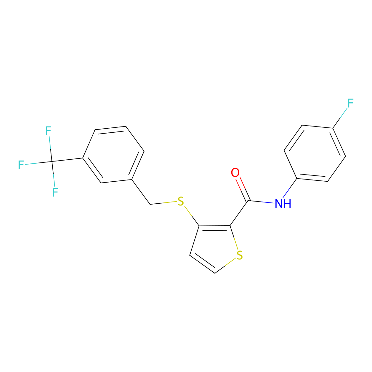 N-(4-Fluorophenyl)-3-((3-(trifluoromethyl)benzyl)sulfanyl)-2-thiophenecarboxamide molecular structure, CAS 250714-43-3