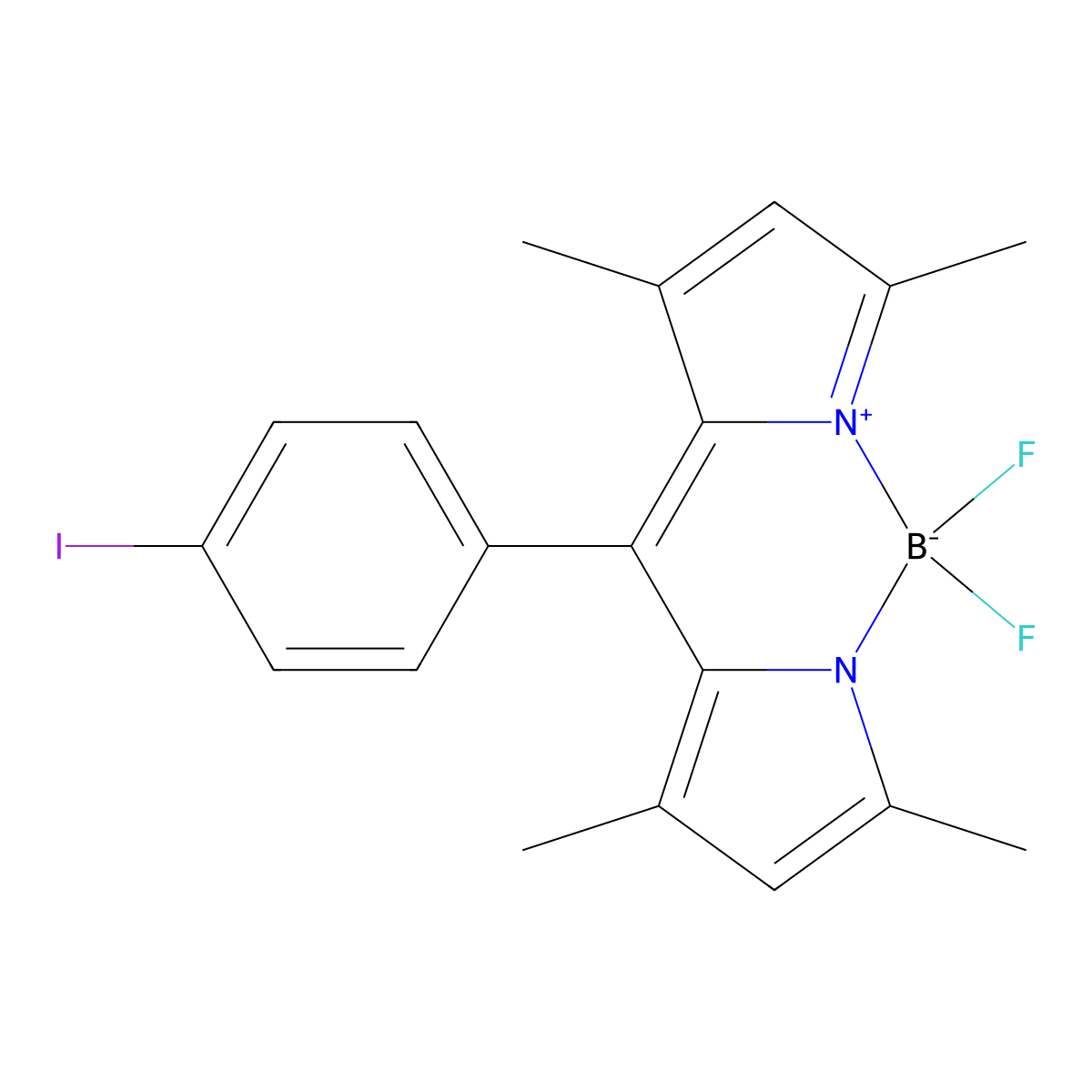 [1-[(3,5-Dimethyl-1H-pyrrol-2-yl)(3,5-dimethyl-2H-pyrrol-2-ylidene)methyl]-4-iodobenzene](difluoroborane) molecular structure, CAS 250734-47-5