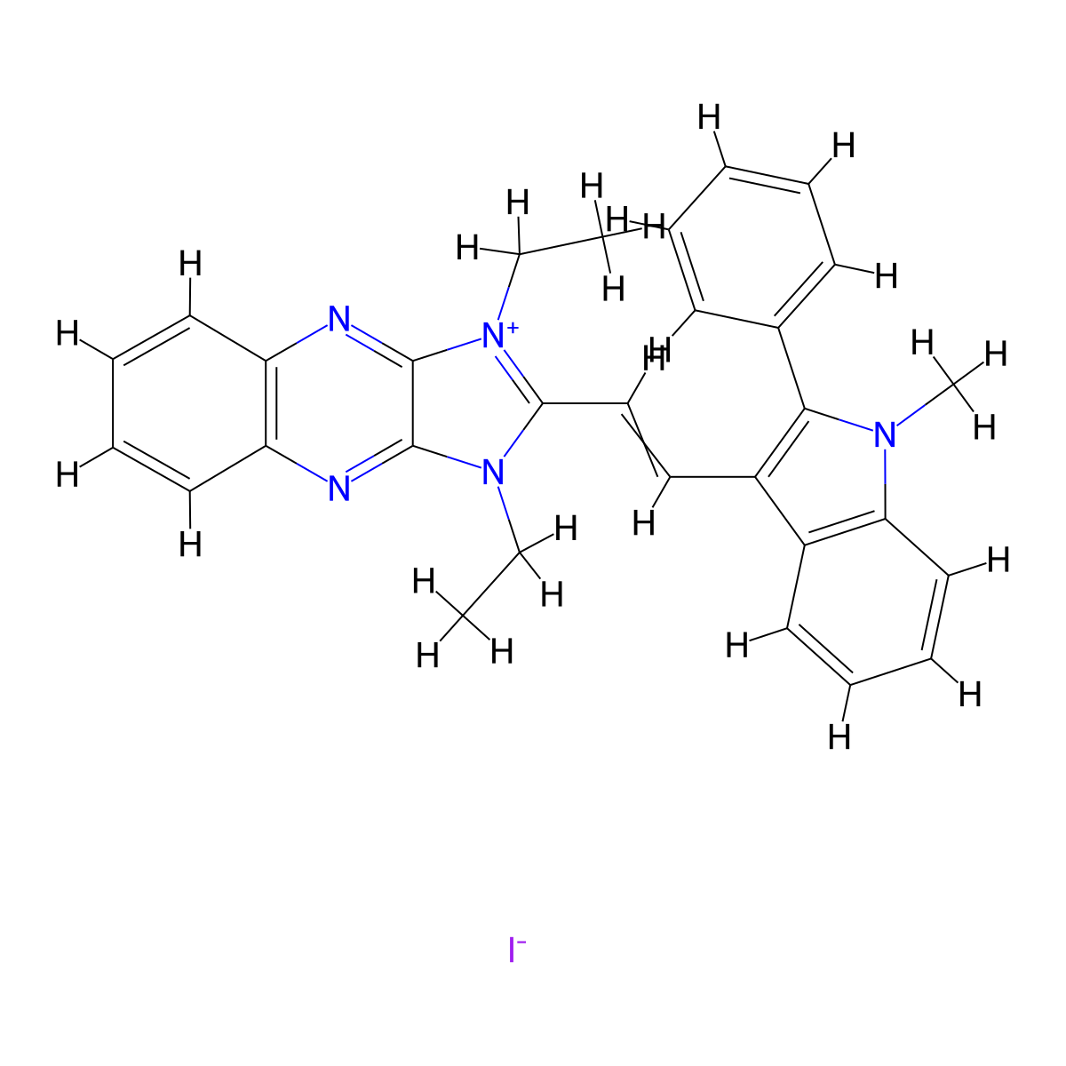 1H-Imidazo[4,5-b]quinoxalinium, 1,3-diethyl-2-[2-(1-methyl-2-phenyl-1H-indol-3-yl)ethenyl]-, iodide (1:1) molecular structure, CAS 25078-74-4