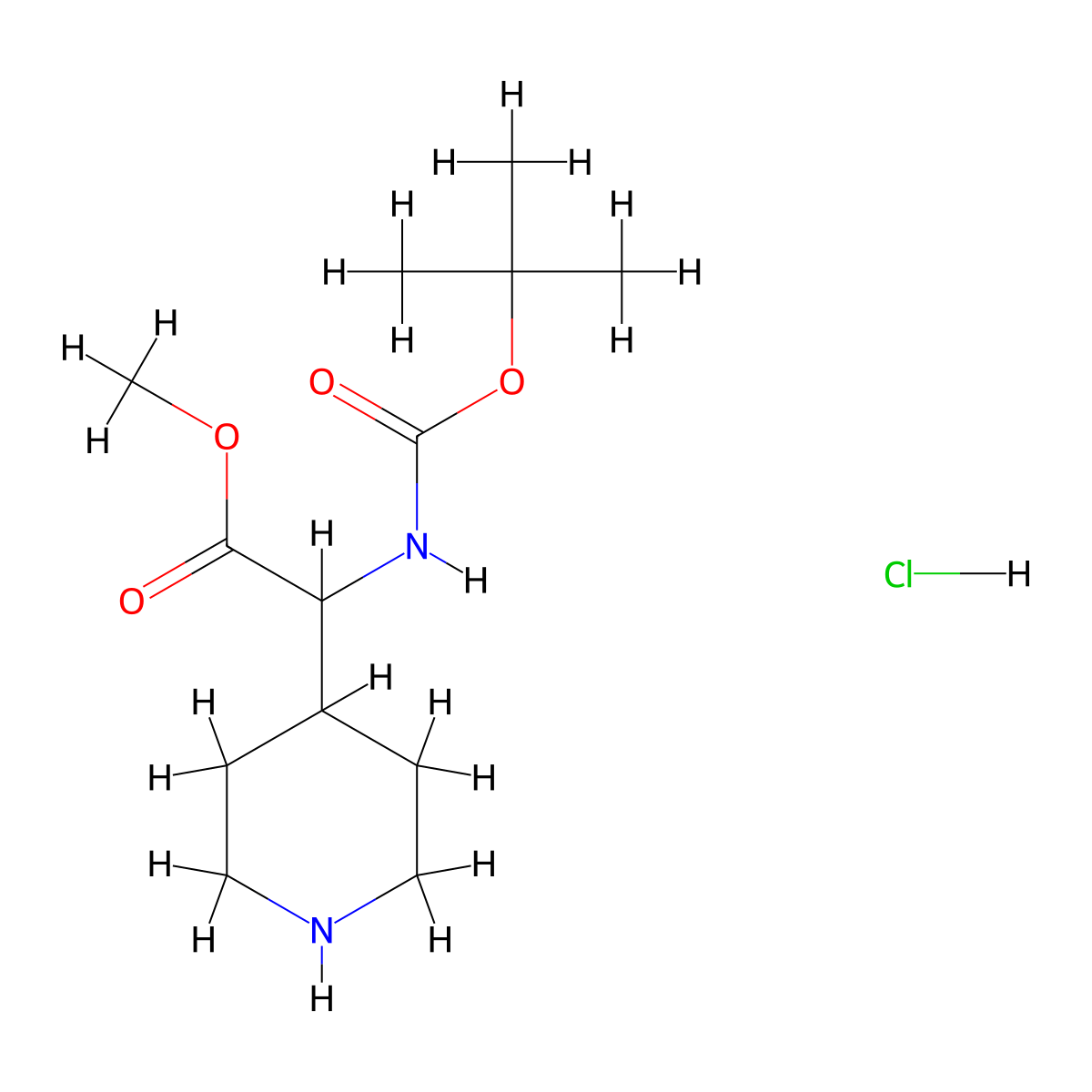 Methyl 2-((tert-butoxycarbonyl)amino)-2-(piperidin-4-yl)acetate hydrochloride molecular structure, CAS 2509099-01-6