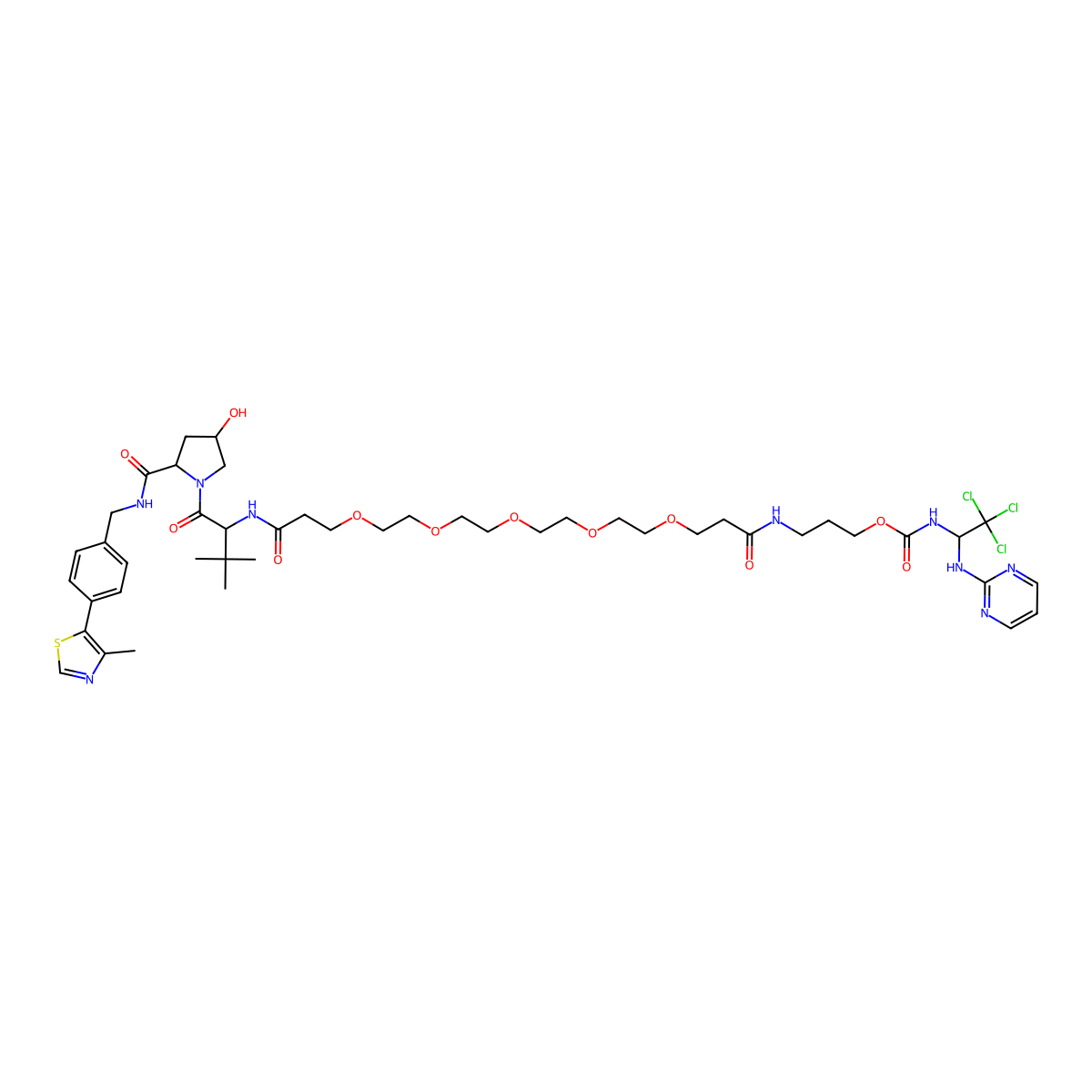3-(1-{[(2S)-1-[(2S,4R)-4-hydroxy-2-({[4-(4-methyl-1,3-thiazol-5-yl)phenyl]methyl}carbamoyl)pyrrolidin-1-yl]-3,3-dimethyl-1-oxobutan-2-yl]carbamoyl}-3,6,9,12,15-pentaoxaoctadecan-18-amido)propyl N-{2,2,2-trichloro-1-[(pyrimidin-2-yl)amino]ethyl}carbamate molecular structure, CAS 2509359-75-3