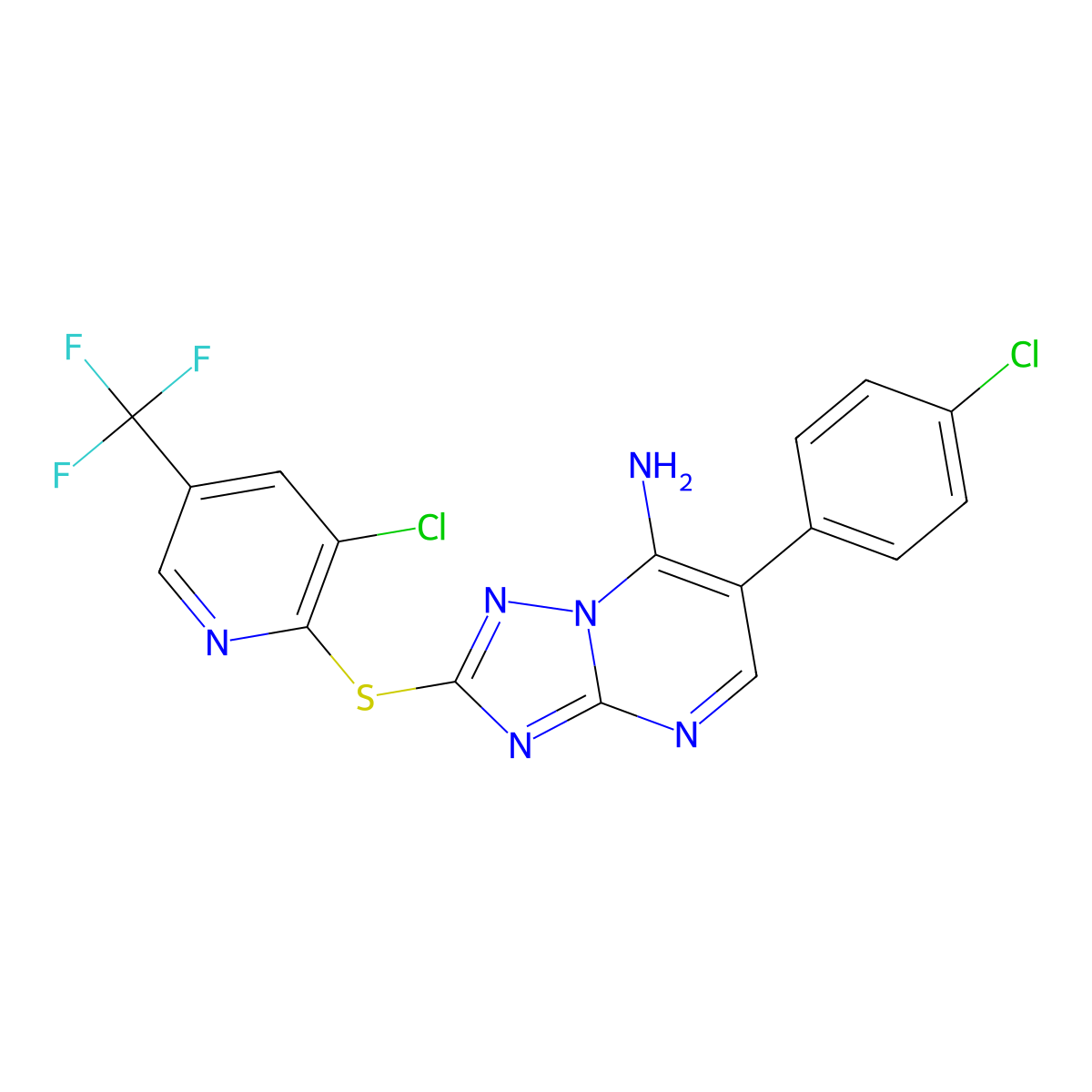 6-(4-Chlorophenyl)-2-{[3-chloro-5-(trifluoromethyl)-2-pyridinyl]sulfanyl}[1,2,4]triazolo[1,5-a]pyrimidin-7-amine molecular structure, CAS 251096-56-7