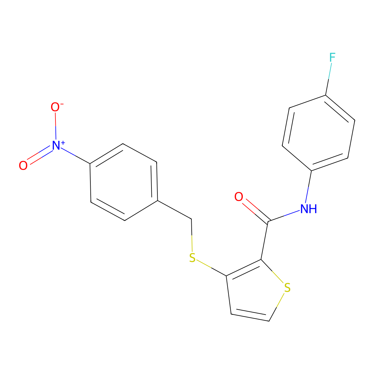 N-(4-fluorophenyl)-3-[(4-nitrobenzyl)sulfanyl]-2-thiophenecarboxamide molecular structure, CAS 251097-02-6