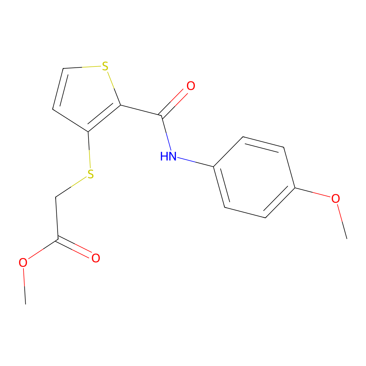 Methyl 2-({2-[(4-methoxyanilino)carbonyl]-3-thienyl}sulfanyl)acetate molecular structure, CAS 251097-13-9