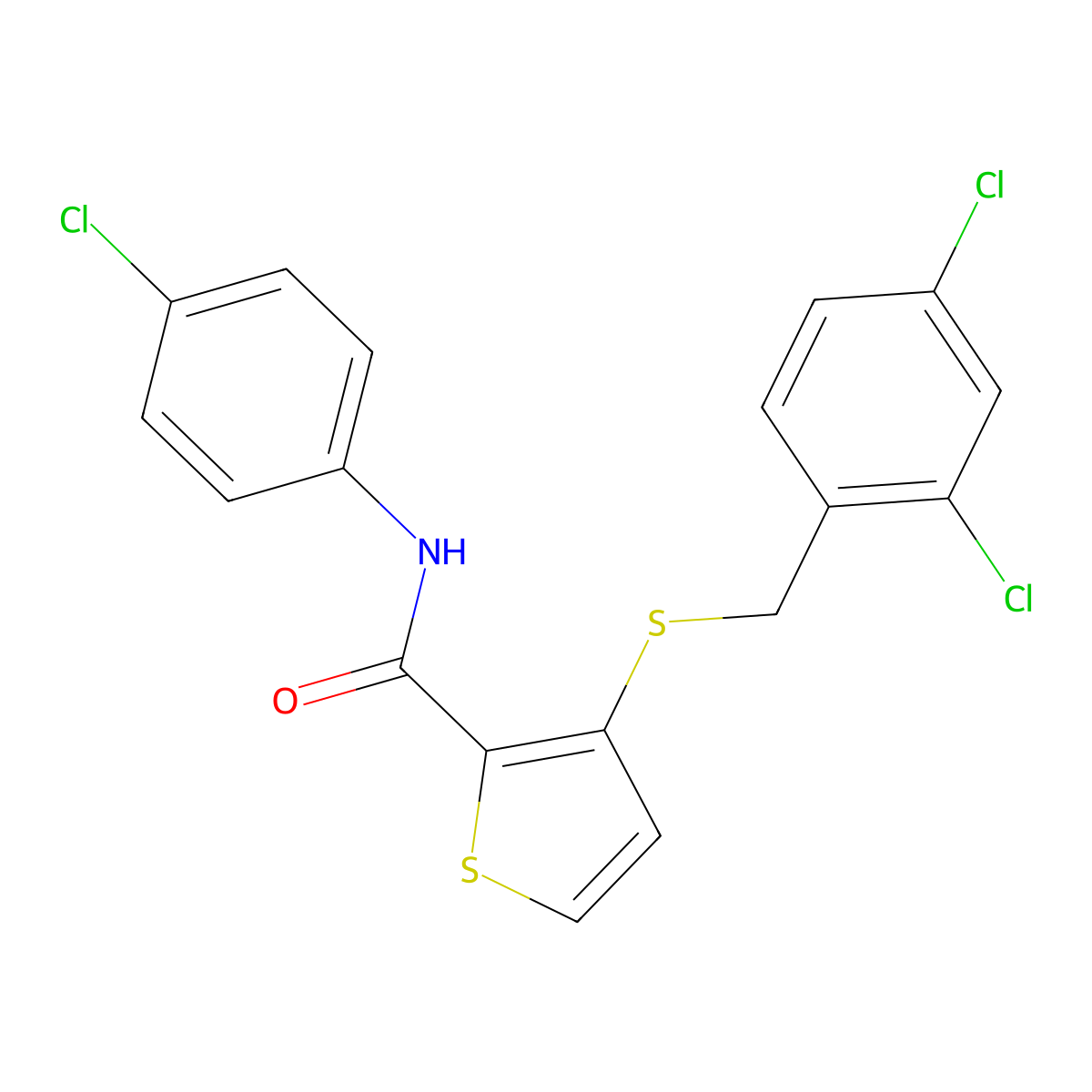 N-(4-chlorophenyl)-3-[(2,4-dichlorobenzyl)sulfanyl]-2-thiophenecarboxamide molecular structure, CAS 251097-46-8