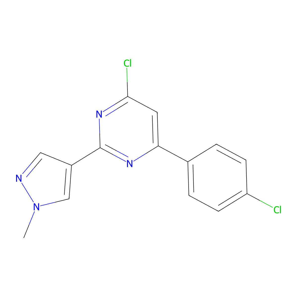 4-Chloro-6-(4-chlorophenyl)-2-(1-methylpyrazol-4-yl)pyrimidine molecular structure, CAS 2512213-87-3