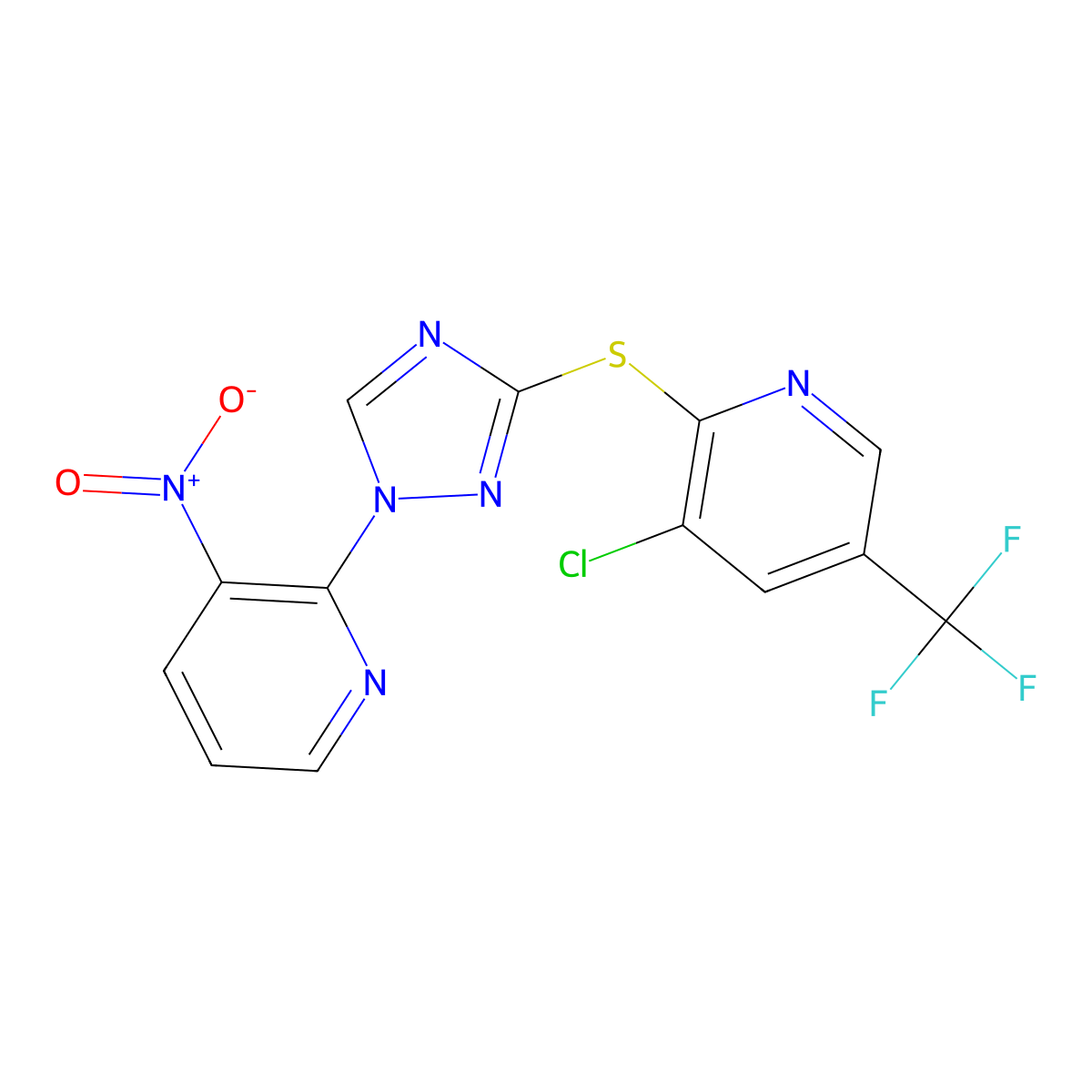 3-chloro-2-{[1-(3-nitro-2-pyridinyl)-1H-1,2,4-triazol-3-yl]sulfanyl}-5-(trifluoromethyl)pyridine molecular structure, CAS 251307-16-1