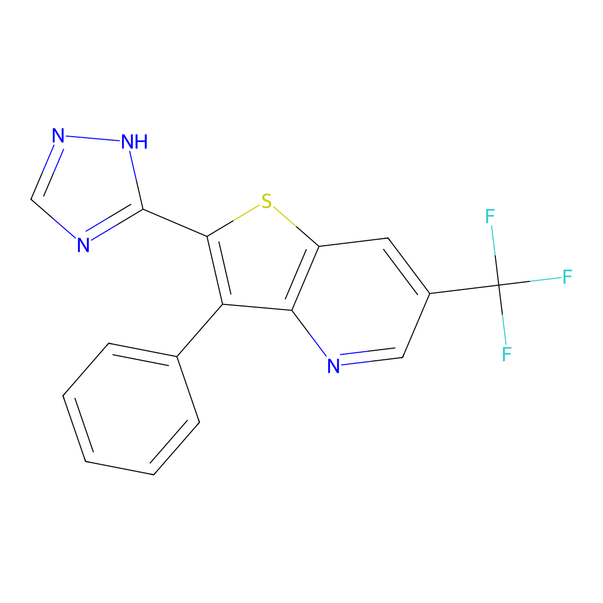 3-phenyl-2-(1H-1,2,4-triazol-3-yl)-6-(trifluoromethyl)thieno[3,2-b]pyridine molecular structure, CAS 251307-19-4