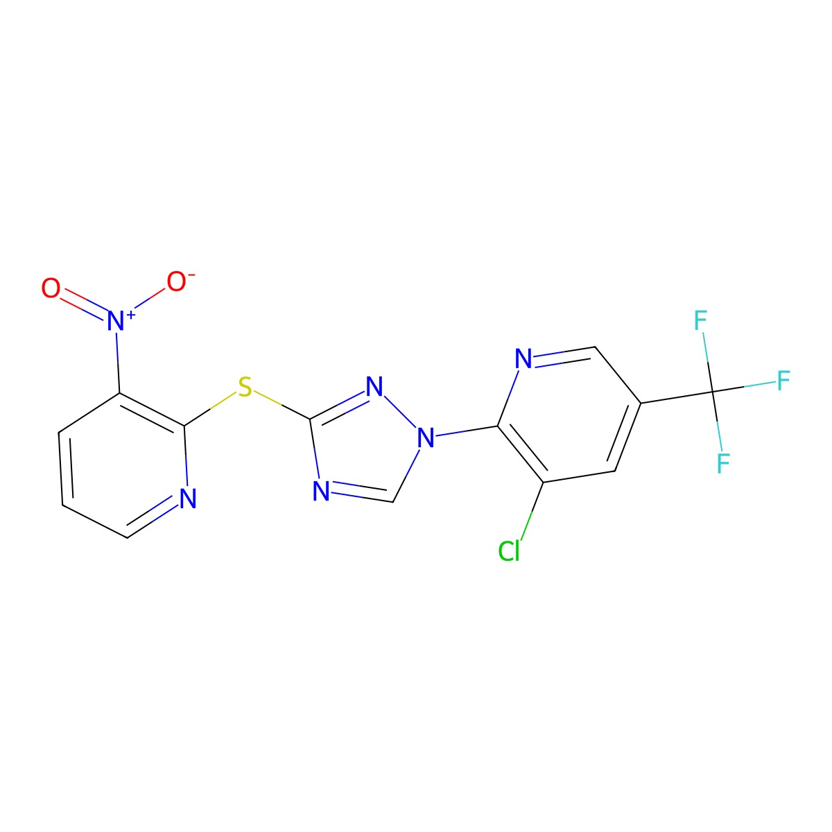 3-chloro-2-{3-[(3-nitro-2-pyridinyl)sulfanyl]-1H-1,2,4-triazol-1-yl}-5-(trifluoromethyl)pyridine molecular structure, CAS 251307-21-8