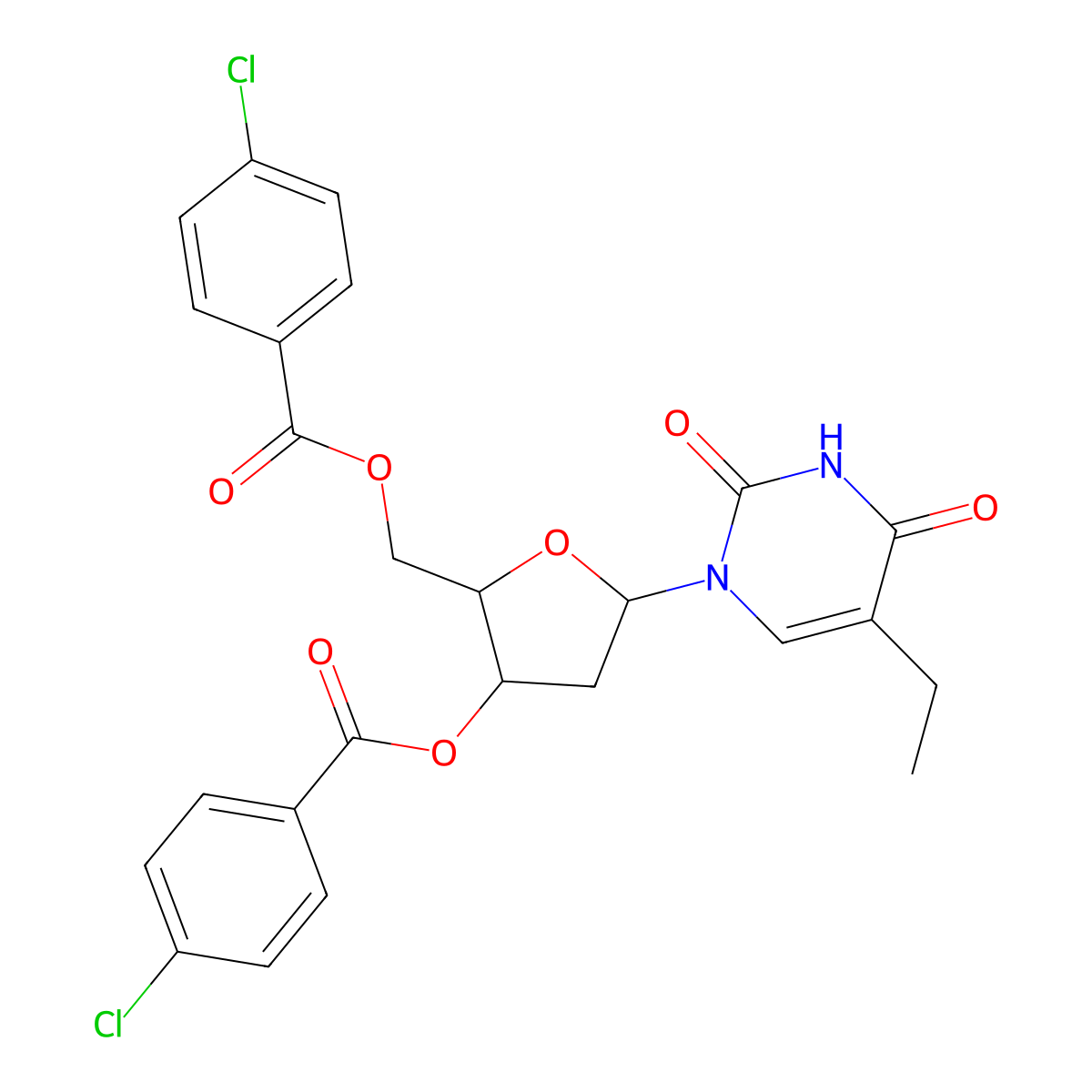 Uridine, 2'-deoxy-5-ethyl-, 3',5'-bis(4-chlorobenzoate) molecular structure, CAS 25137-84-2