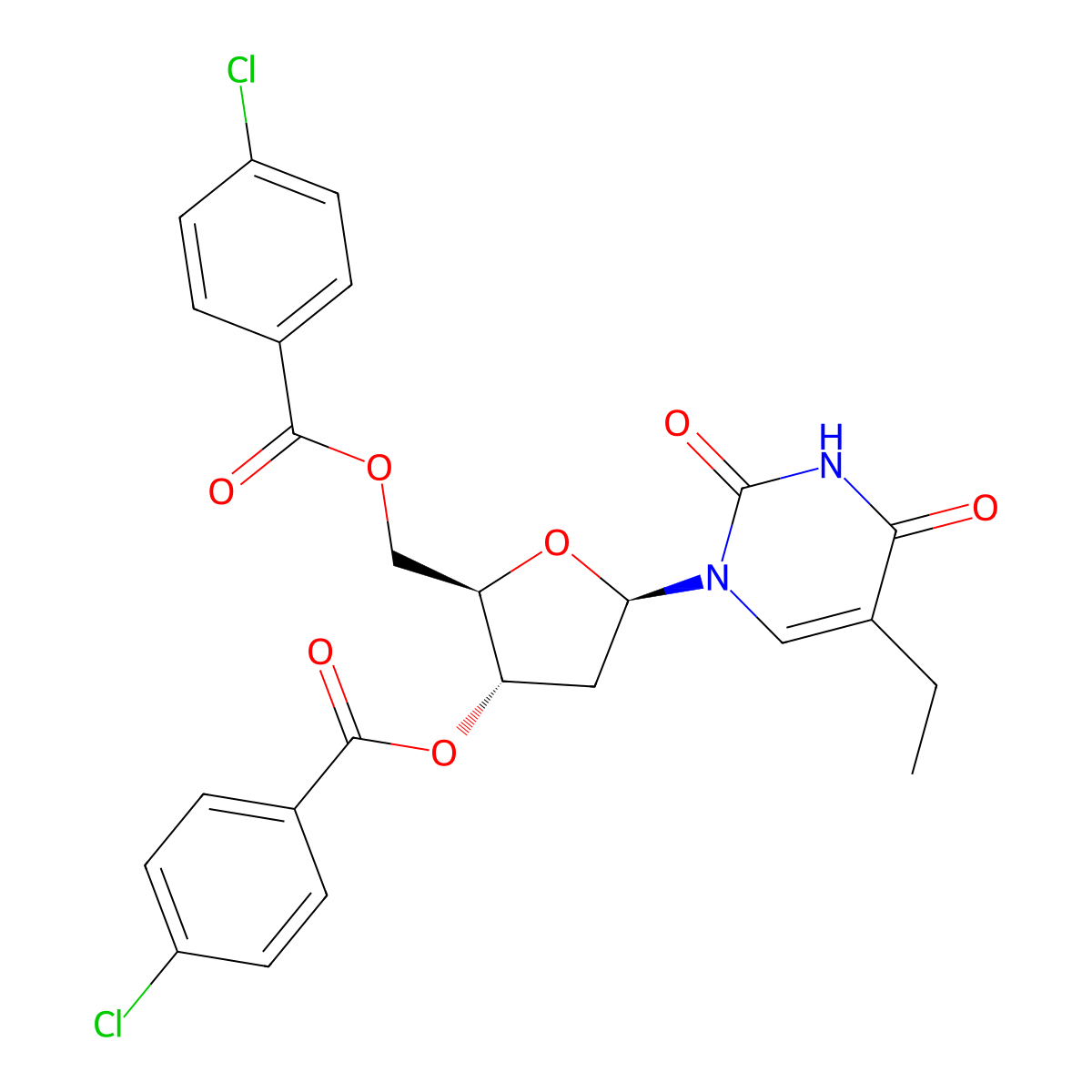 Uridine, 2'-deoxy-5-ethyl-, 3',5'-bis(4-chlorobenzoate) molecular structure, CAS 25137-84-2