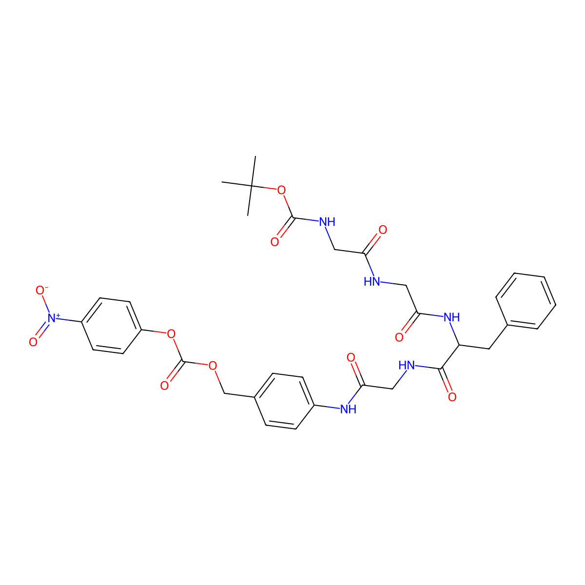 Tert-butyl (S)-(2-((2-((1-((2-((4-((((4-nitrophenoxy)carbonyl)oxy)methyl)phenyl)amino)-2-oxoethyl)amino)-1-oxo-3-phenylpropan-2-YL)amino)-2-oxoethyl)amino)-2-oxoethyl)carbamate molecular structure, CAS 251459-29-7