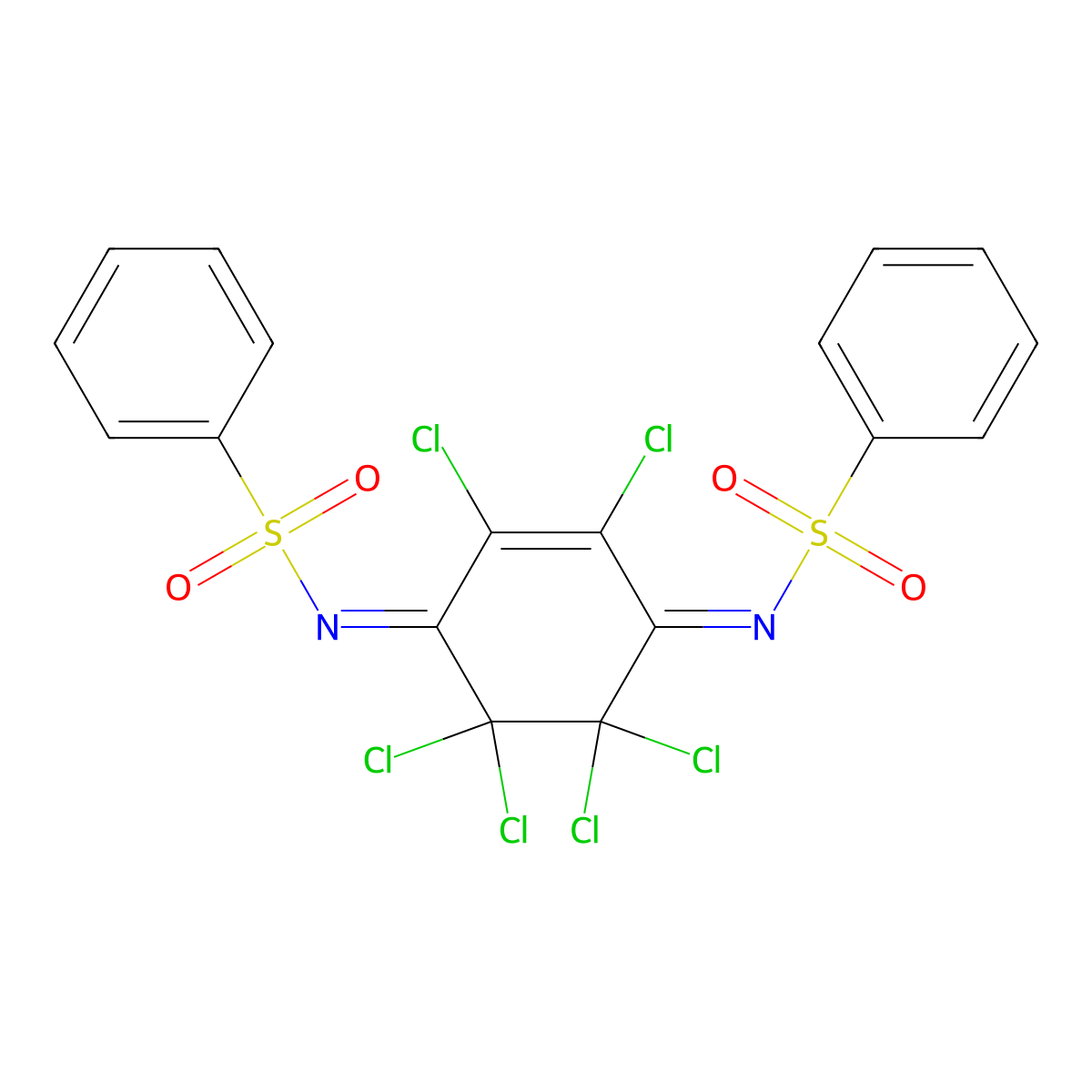 [(E)-(Z)-2,3,5,5,6,6-hexachloro-4-[oxido(oxo)(phenyl)-lambda-sulfaniumylimino]-2-cyclohexen-1-ylideneamino](oxo)(phenyl)-lambda-sulfaniumolate molecular structure, CAS 251645-37-1