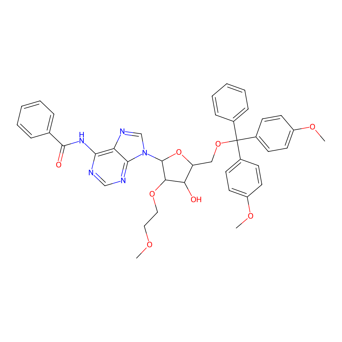 N-(9-((2R,3R,4R,5R)-5-((Bis(4-methoxyphenyl)(phenyl)methoxy)methyl)-4-hydroxy-3-(2-methoxyethoxy)tetrahydrofuran-2-yl)-9H-purin-6-yl)benzamide molecular structure, CAS 251647-48-0