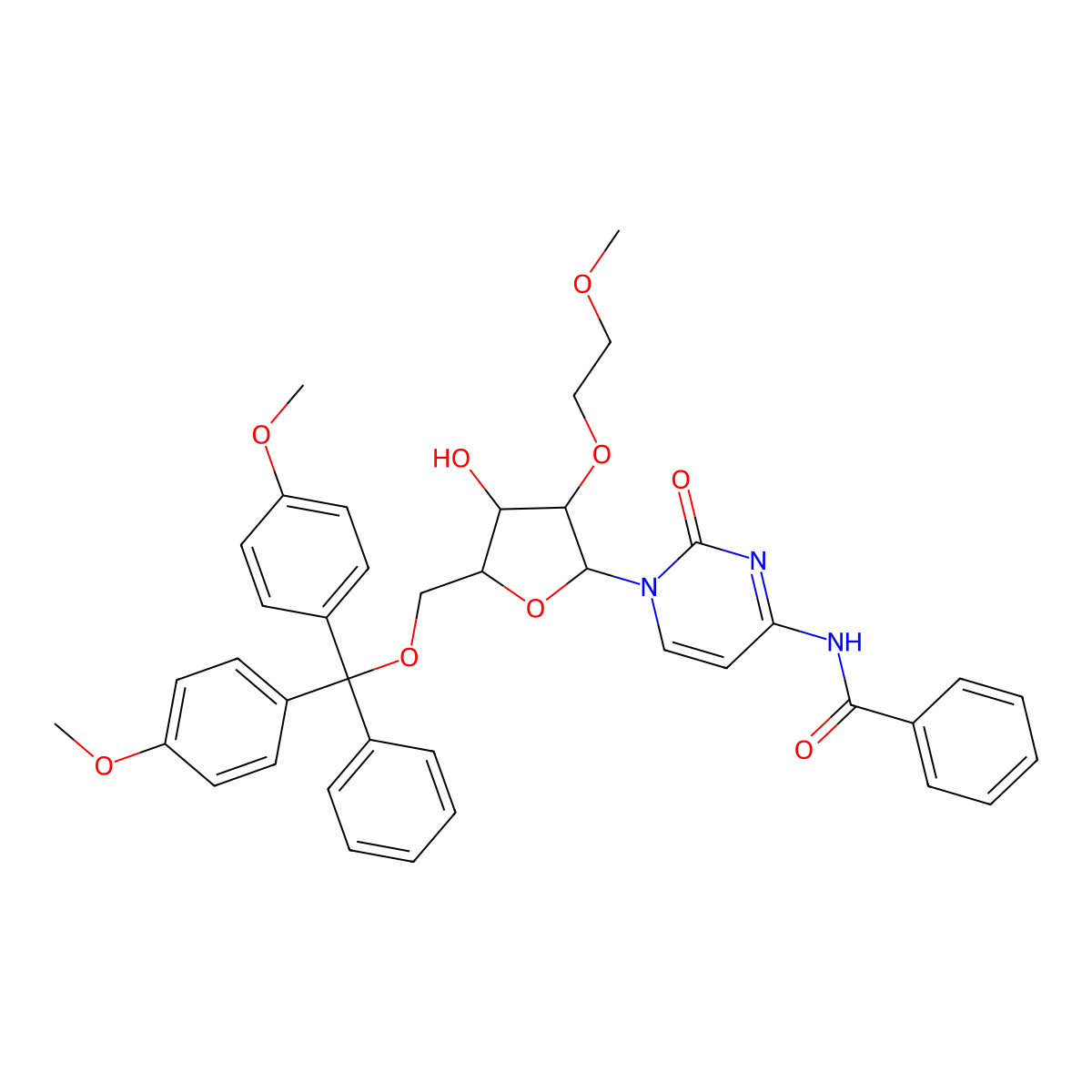 N-(1-((2R,3R,4R,5R)-5-((bis(4-methoxyphenyl)(phenyl)methoxy)methyl)-4-hydroxy-3-(2-methoxyethoxy)tetrahydrofuran-2-yl)-2-oxo-1,2-dihydropyrimidin-4-yl)benzamide molecular structure, CAS 251647-49-1