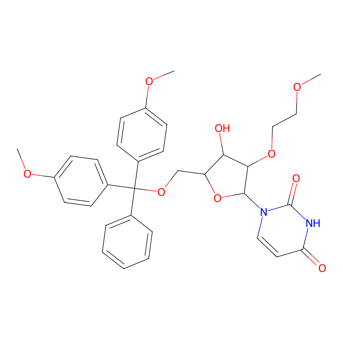 1-((2R,3R,4R,5R)-5-((Bis(4-methoxyphenyl)(phenyl)methoxy)methyl)-4-hydroxy-3-(2-methoxyethoxy)tetrahydrofuran-2-yl)pyrimidine-2,4(1H,3H)-dione molecular structure, CAS 251647-51-5