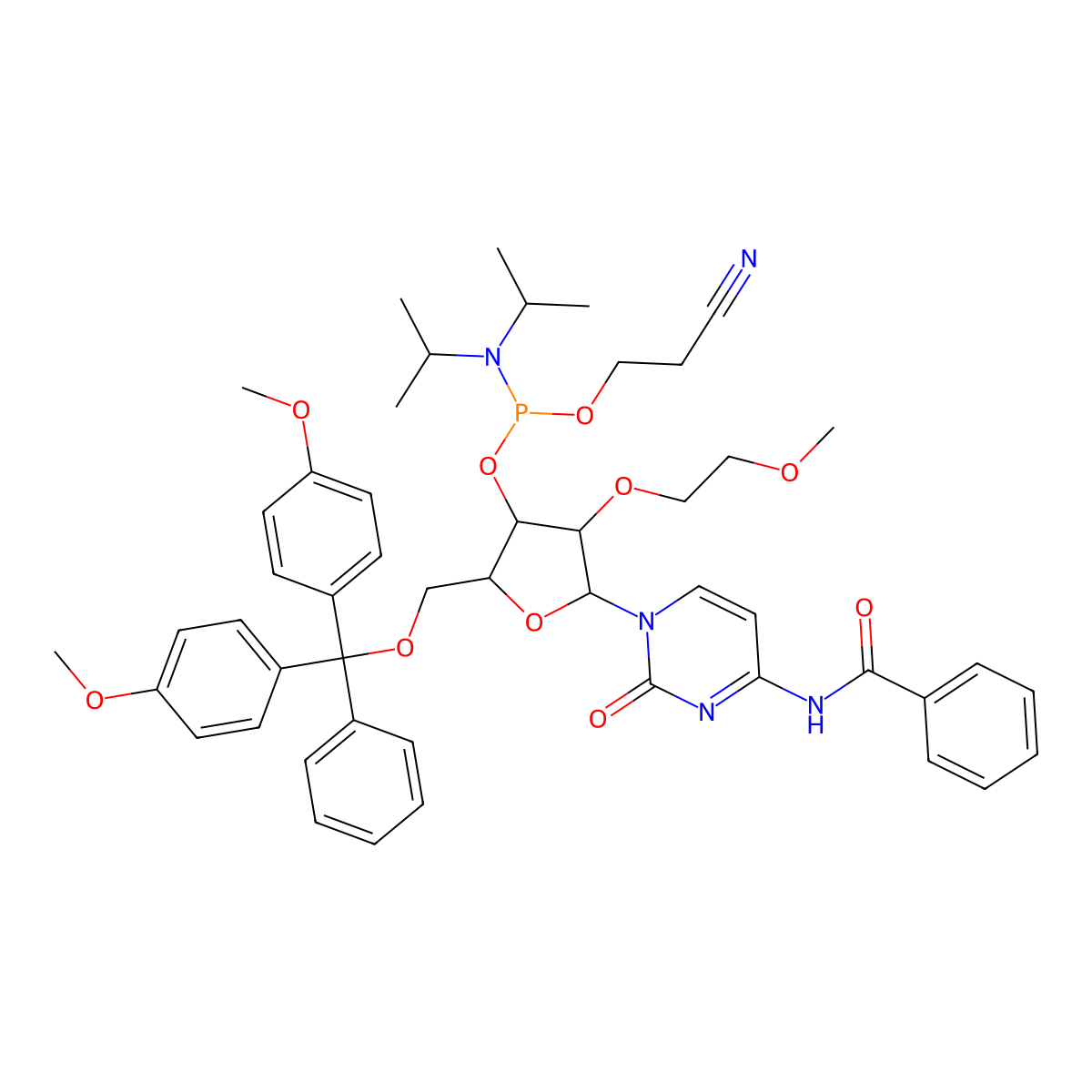 N4-Benzoyl-5'-O-DMT-2'-O-methyl-5-methylcytidine 3'-CE phosphoramidite molecular structure, CAS 251647-54-8