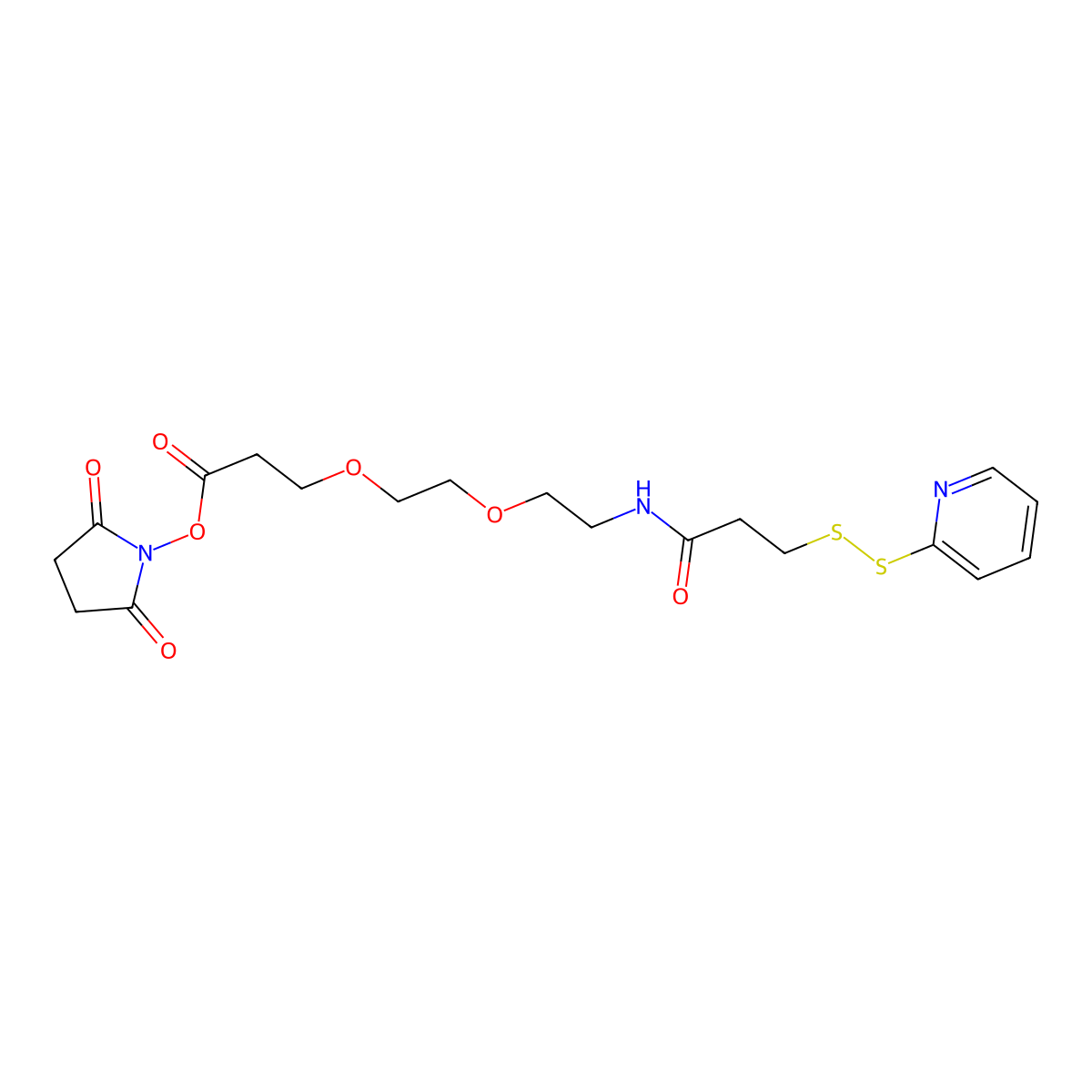 2,5-Dioxopyrrolidin-1-yl 3-(2-(2-(3-(pyridin-2-yldisulfanyl)propanamido)ethoxy)ethoxy)propanoate molecular structure, CAS 2517392-28-6