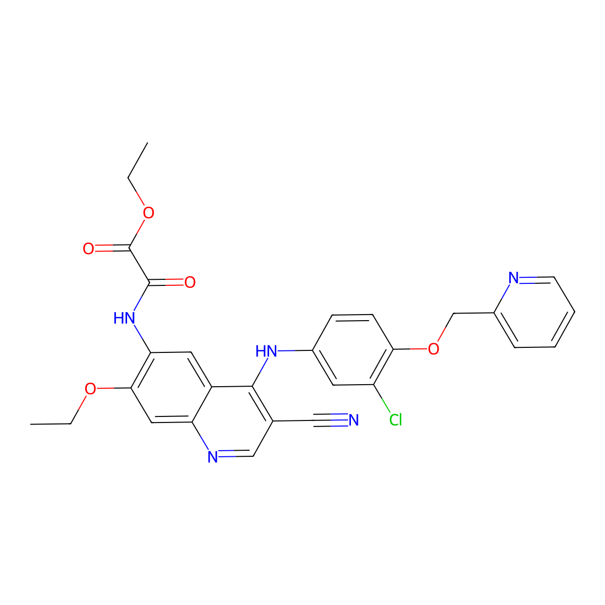 Ethyl 2-(4-(3-chloro-4-(pyridin-2-ylmethoxy)phenylamino)-3-cyano-7-ethoxyquinolin-6-ylamino)-2-oxoacetate molecular structure, CAS 2517748-01-3