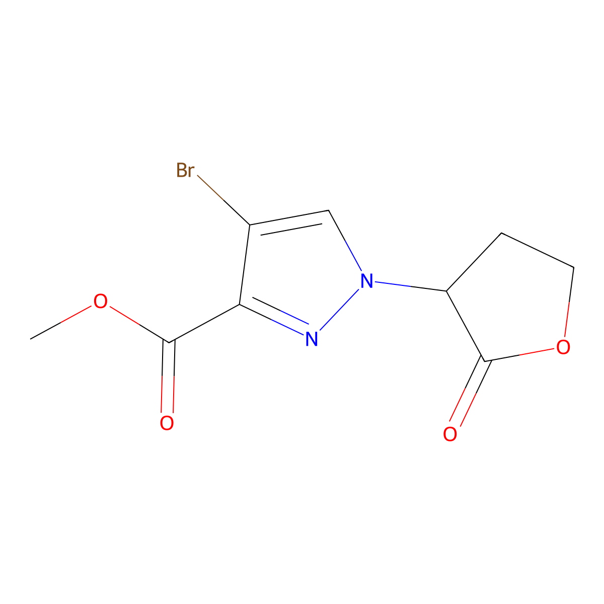 Methyl 4-bromo-1-(2-oxotetrahydrofuran-3-YL)-1H-pyrazole-3-carboxylate molecular structure, CAS 2518099-34-6