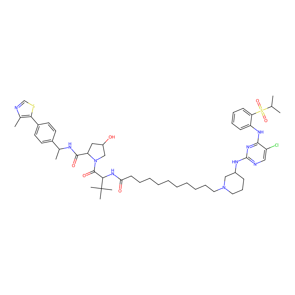 (2S,4R)-1-[(2S)-2-[11-[(3R)-3-[[5-chloro-4-(2-propan-2-ylsulfonylanilino)pyrimidin-2-yl]amino]piperidin-1-yl]undecanoylamino]-3,3-dimethylbutanoyl]-4-hydroxy-N-[(1S)-1-[4-(4-methyl-1,3-thiazol-5-yl)phenyl]ethyl]pyrrolidine-2-carboxamide molecular structure, CAS 2519823-37-9