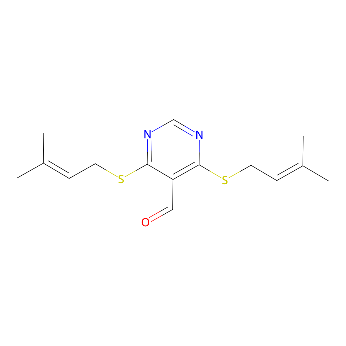 4,6-Bis[(3-methyl-2-butenyl)sulfanyl]-5-pyrimidinecarbaldehyde molecular structure, CAS 251989-04-5
