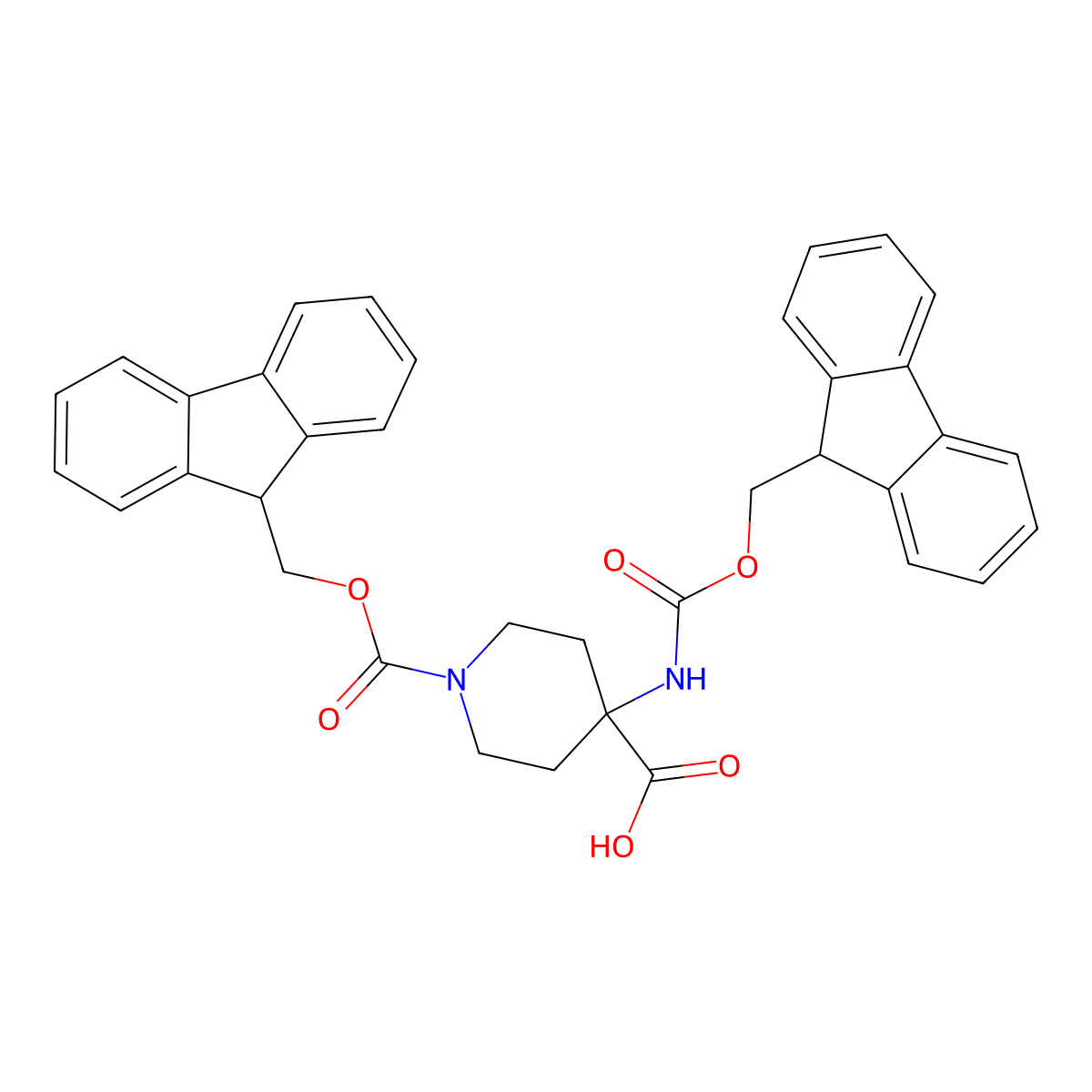 1-(((9H-Fluoren-9-yl)methoxy)carbonyl)-4-((((9H-fluoren-9-yl)methoxy)carbonyl)amino)piperidine-4-carboxylic acid molecular structure, CAS 252029-00-8