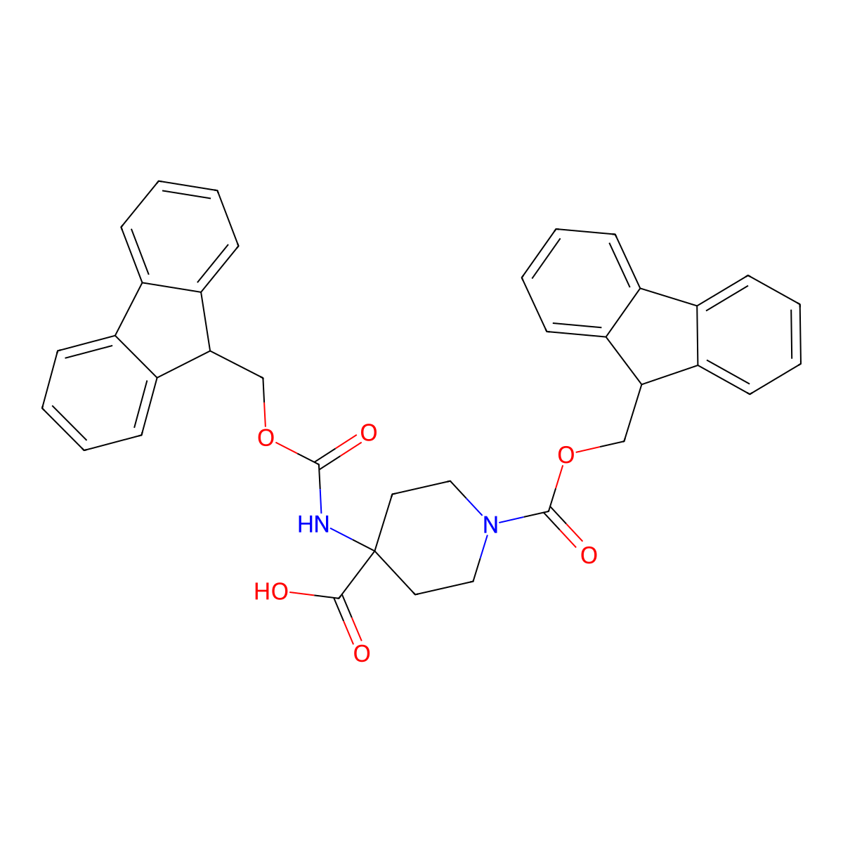 1-(((9H-Fluoren-9-yl)methoxy)carbonyl)-4-((((9H-fluoren-9-yl)methoxy)carbonyl)amino)piperidine-4-carboxylic acid molecular structure, CAS 252029-00-8
