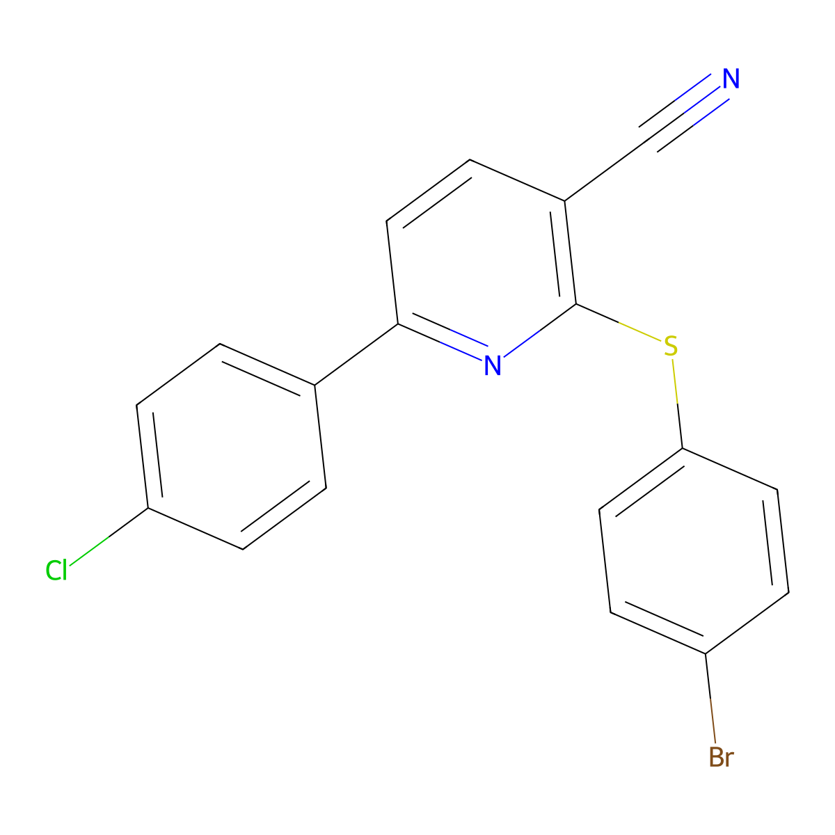 2-[(4-Bromophenyl)sulfanyl]-6-(4-chlorophenyl)nicotinonitrile molecular structure, CAS 252059-04-4