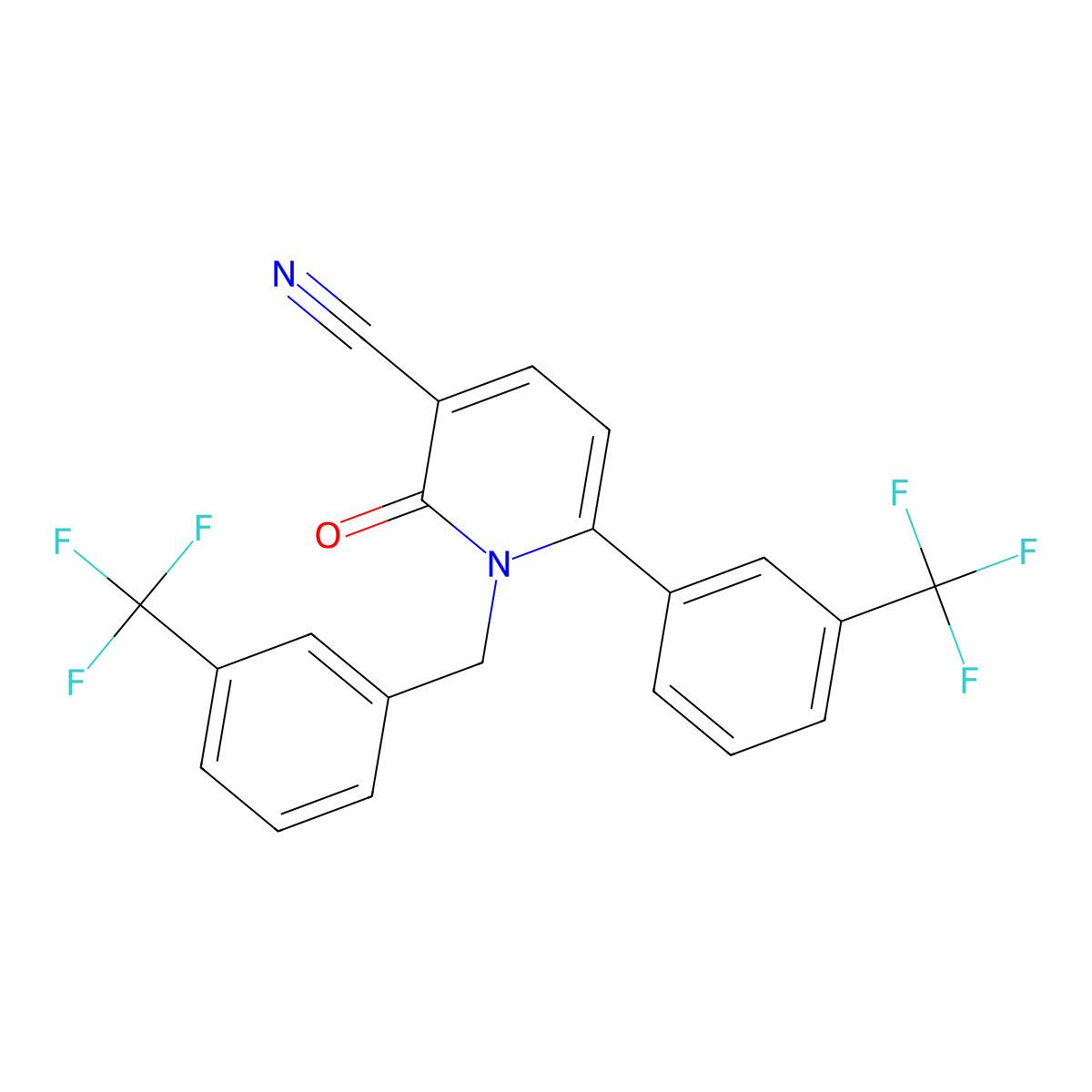 2-Oxo-6-[3-(trifluoromethyl)phenyl]-1-[[3-(trifluoromethyl)phenyl]methyl]pyridine-3-carbonitrile molecular structure, CAS 252059-83-9