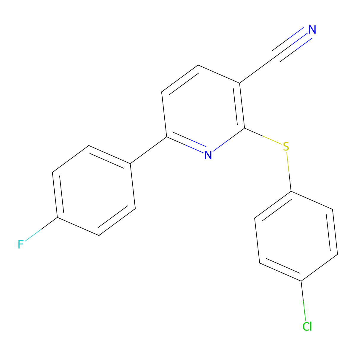 2-[(4-Chlorophenyl)sulfanyl]-6-(4-fluorophenyl)nicotinonitrile molecular structure, CAS 252059-87-3