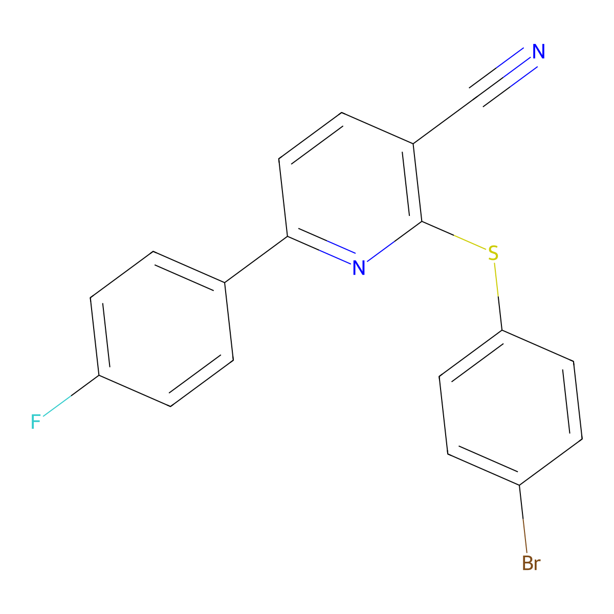 2-[(4-Bromophenyl)sulfanyl]-6-(4-fluorophenyl)nicotinonitrile molecular structure, CAS 252059-90-8