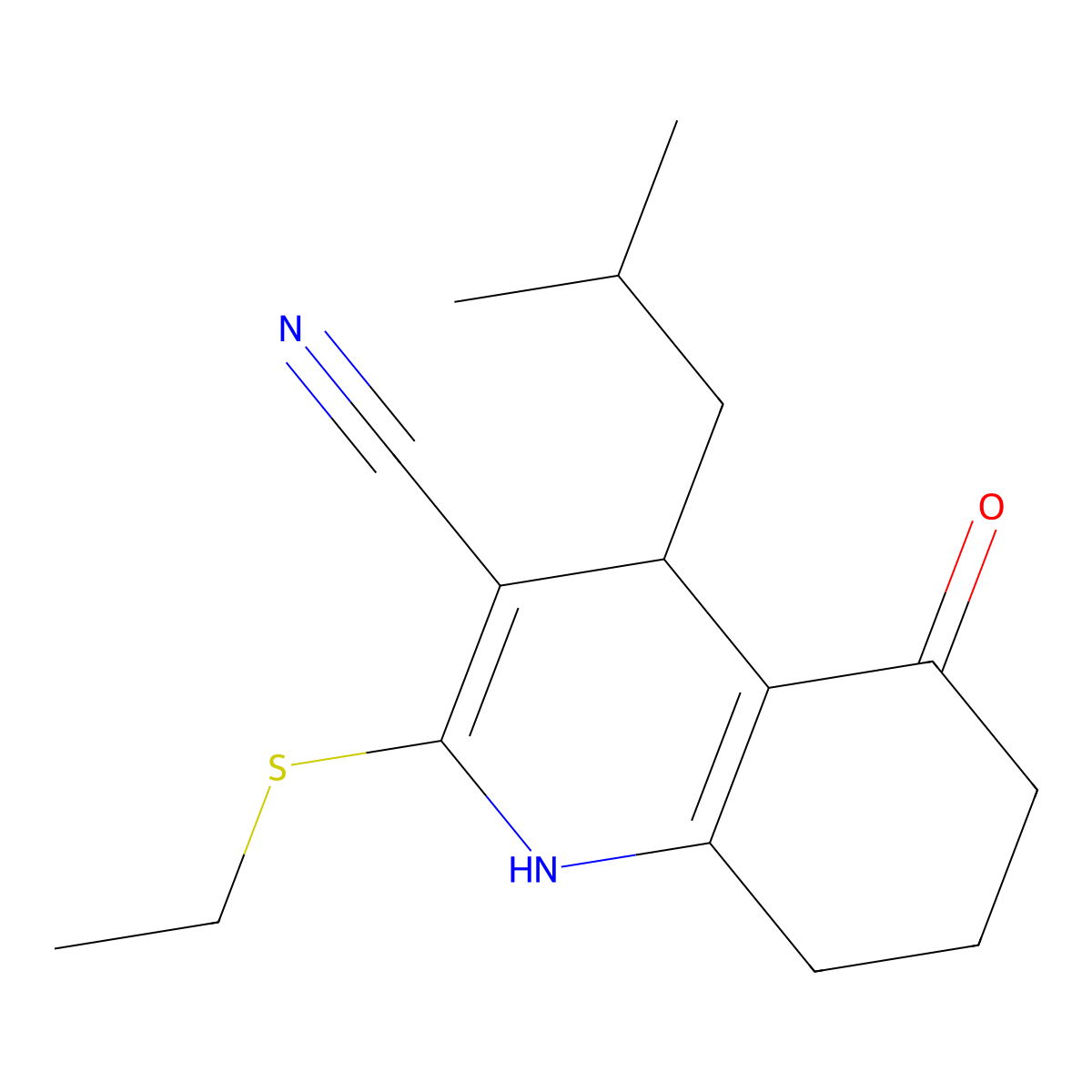 2-ethylsulfanyl-4-(2-methylpropyl)-5-oxo-4,6,7,8-tetrahydro-1H-quinoline-3-carbonitrile molecular structure, CAS 252351-66-9