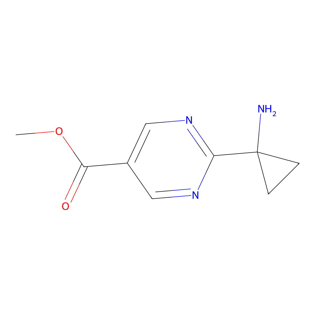 Methyl 2-(1-aminocyclopropyl)pyrimidine-5-carboxylate molecular structure, CAS 2525094-55-5