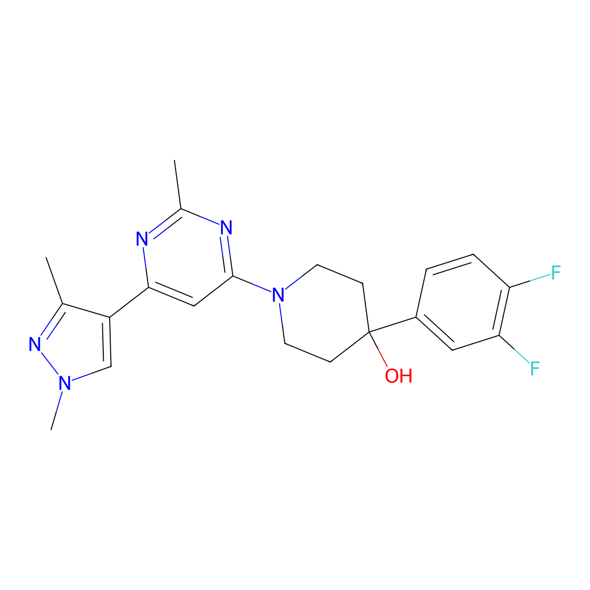 4-(3,4-difluorophenyl)-1-(6-(1,3-dimethyl-1H-pyrazol-4-yl)-2-methylpyrimidin-4-yl)piperidin-4-ol molecular structure, CAS 2525504-74-7