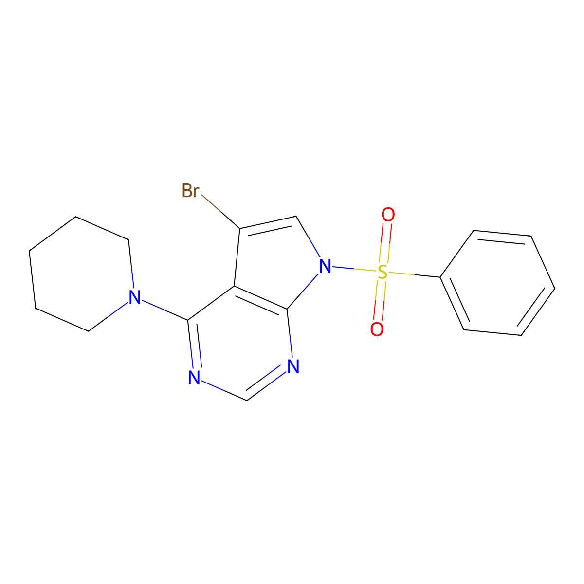 5-Bromo-7-(phenylsulfonyl)-4-(piperidin-1-yl)-7H-pyrrolo[2,3-d]pyrimidine molecular structure, CAS 252723-23-2
