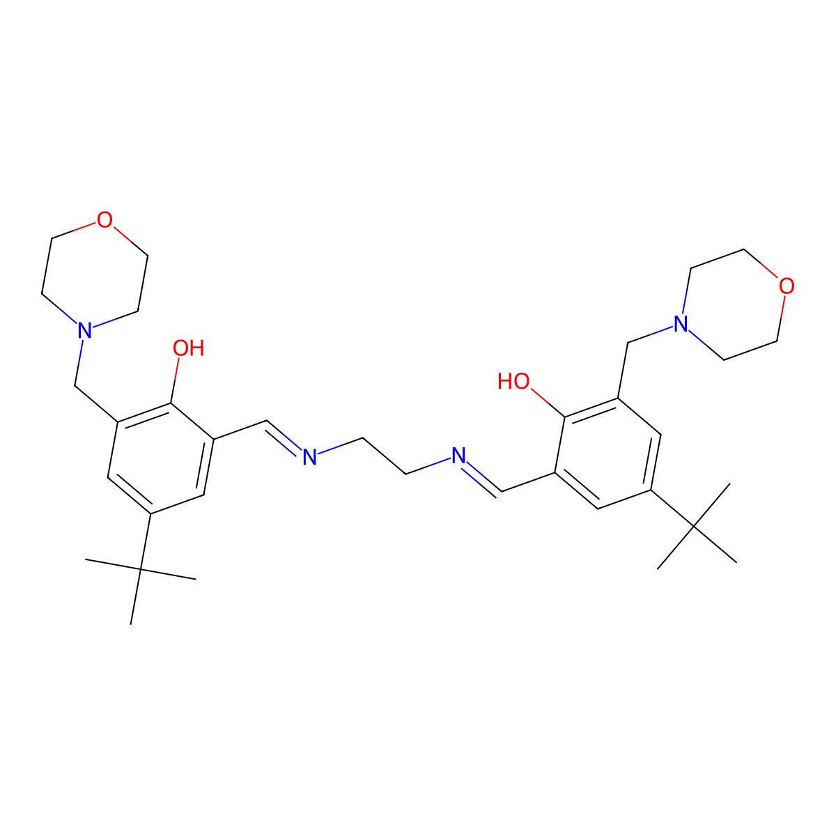 2,2'-[1,2-Ethanediylbis[(E)-(nitrilomethylidyne)]]bis[4-(tert-butyl)-6-(4-morpholinylmethyl)]phenol molecular structure, CAS 252735-70-9