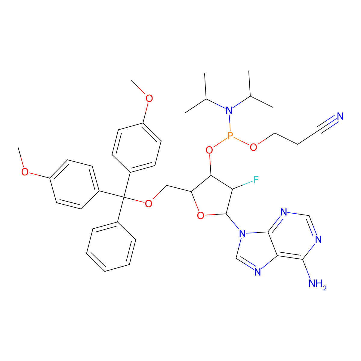 (2R,3R,4R,5R)-5-(6-Amino-9H-purin-9-yl)-2-((bis(4-methoxyphenyl)(phenyl)methoxy)methyl)-4-fluorotetrahydrofuran-3-yl (2-cyanoethyl) diisopropylphosphoramidite molecular structure, CAS 252770-65-3