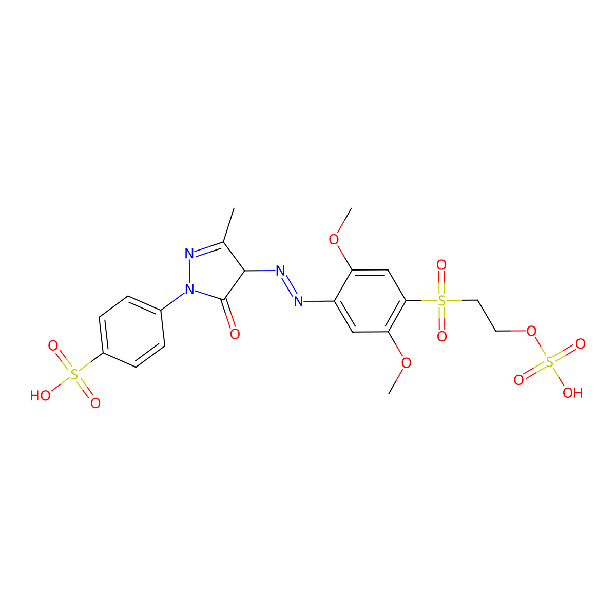 4-[4-[[2,5-dimethoxy-4-[[2-(sulphooxy)ethyl]sulphonyl]phenyl]azo]-4,5-dihydro-3-methyl-5-oxo-1H-pyrazol-1-yl]benzenesulphonic acid molecular structure, CAS 25311-20-0