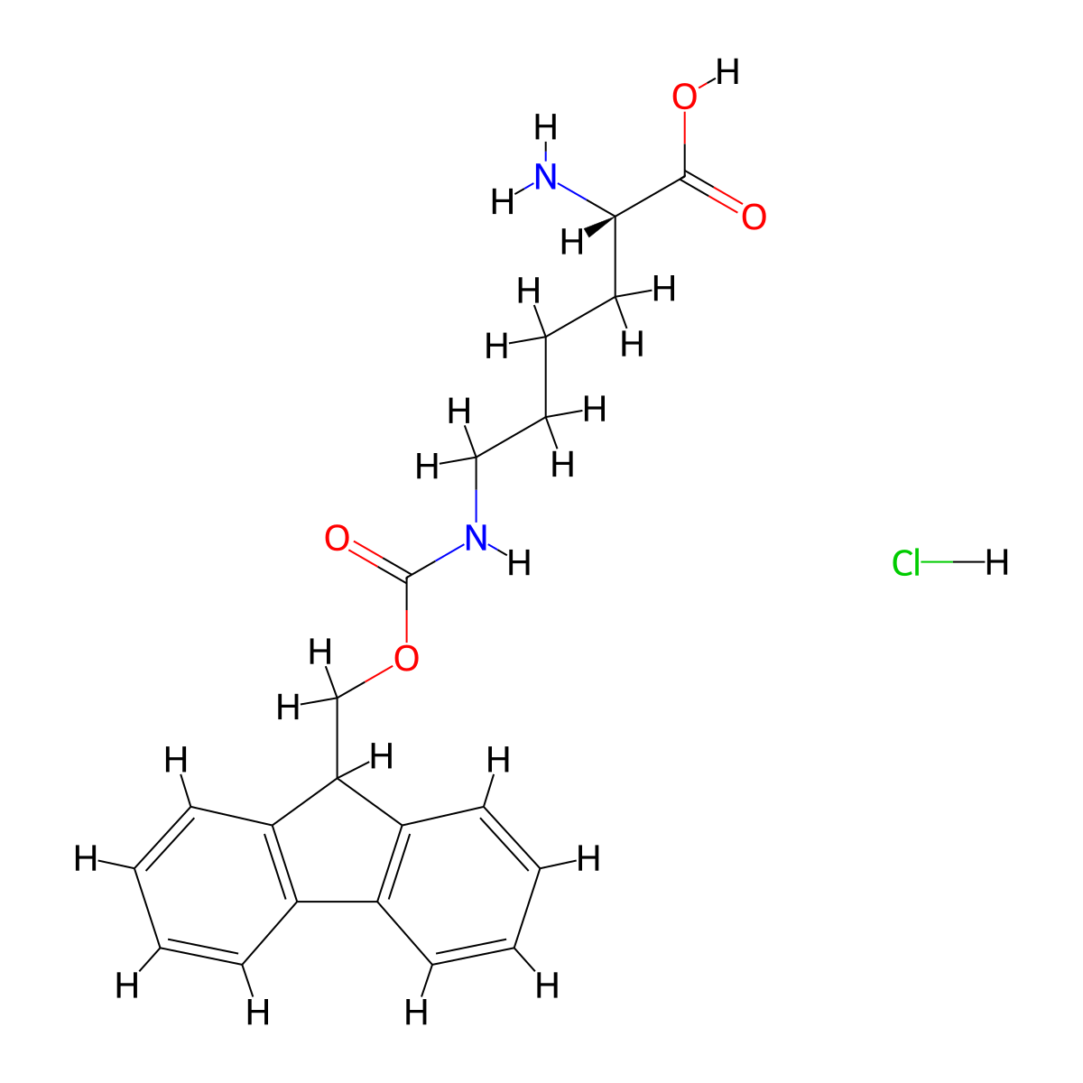 (S)-6-((((9H-Fluoren-9-yl)methoxy)carbonyl)amino)-2-aminohexanoic acid hydrochloride molecular structure, CAS 253138-02-2