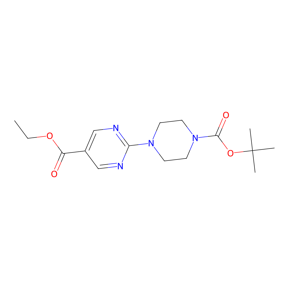 tert-butyl 4-[5-(ethoxycarbonyl)-2-pyrimidinyl]tetrahydro-1(2H)-pyrazinecarboxylate molecular structure, CAS 253315-69-4
