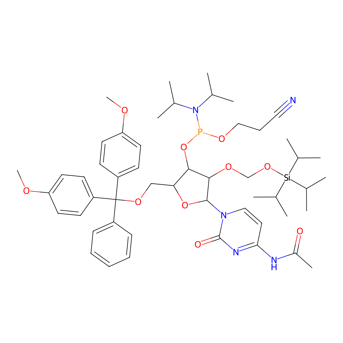 (2R,3R,4R,5R)-5-(4-Acetamido-2-oxopyrimidin-1(2H)-yl)-2-((bis(4-methoxyphenyl)(phenyl)methoxy)methyl)-4-(((triisopropylsilyl)oxy)methoxy)tetrahydrofuran-3-yl (2-cyanoethyl) diisopropylphosphoramidite molecular structure, CAS 253586-12-8