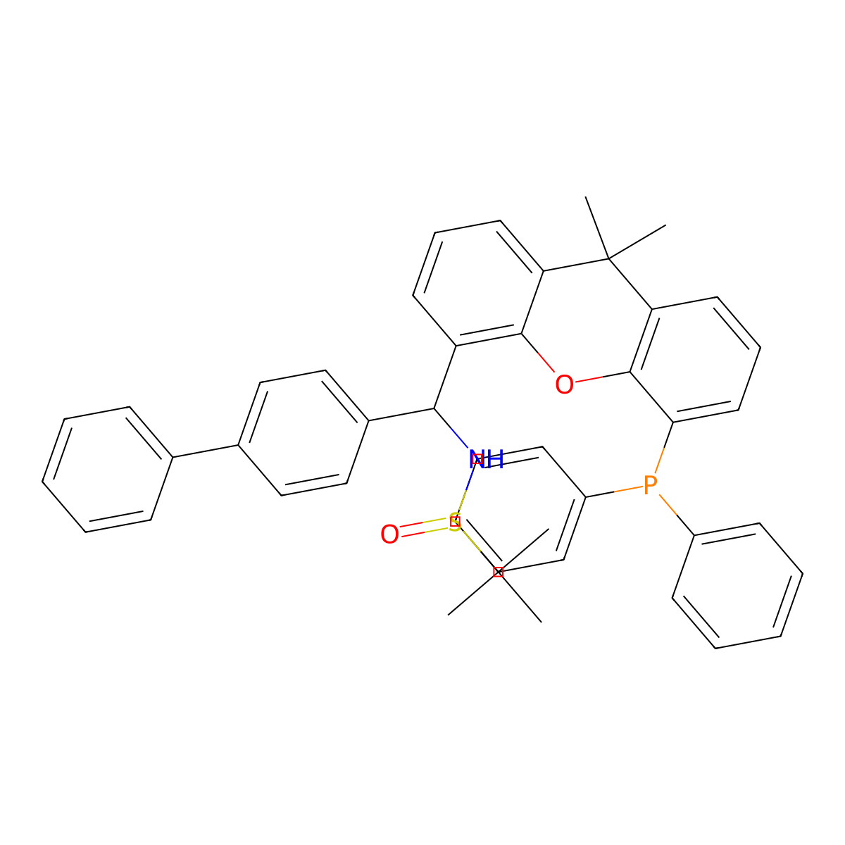 (R)-N-[(S)-(5-diphenylphosphanyl-9,9-dimethylxanthen-4-yl)-(4-phenylphenyl)methyl]-2-methylpropane-2-sulfinamide molecular structure, CAS 2538526-69-9