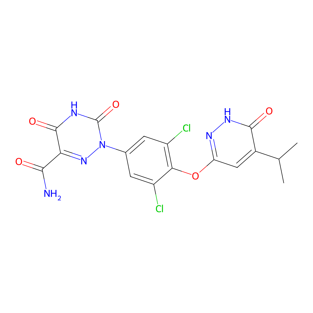 2-[3,5-Dichloro-4-[(5-isopropyl-6-oxo-1H-pyridazin-3-yl]oxy]phenyl]-3,5-dioxo-4H-[1,2,4]triazine-6-carboxamide molecular structure, CAS 2542029-02-5