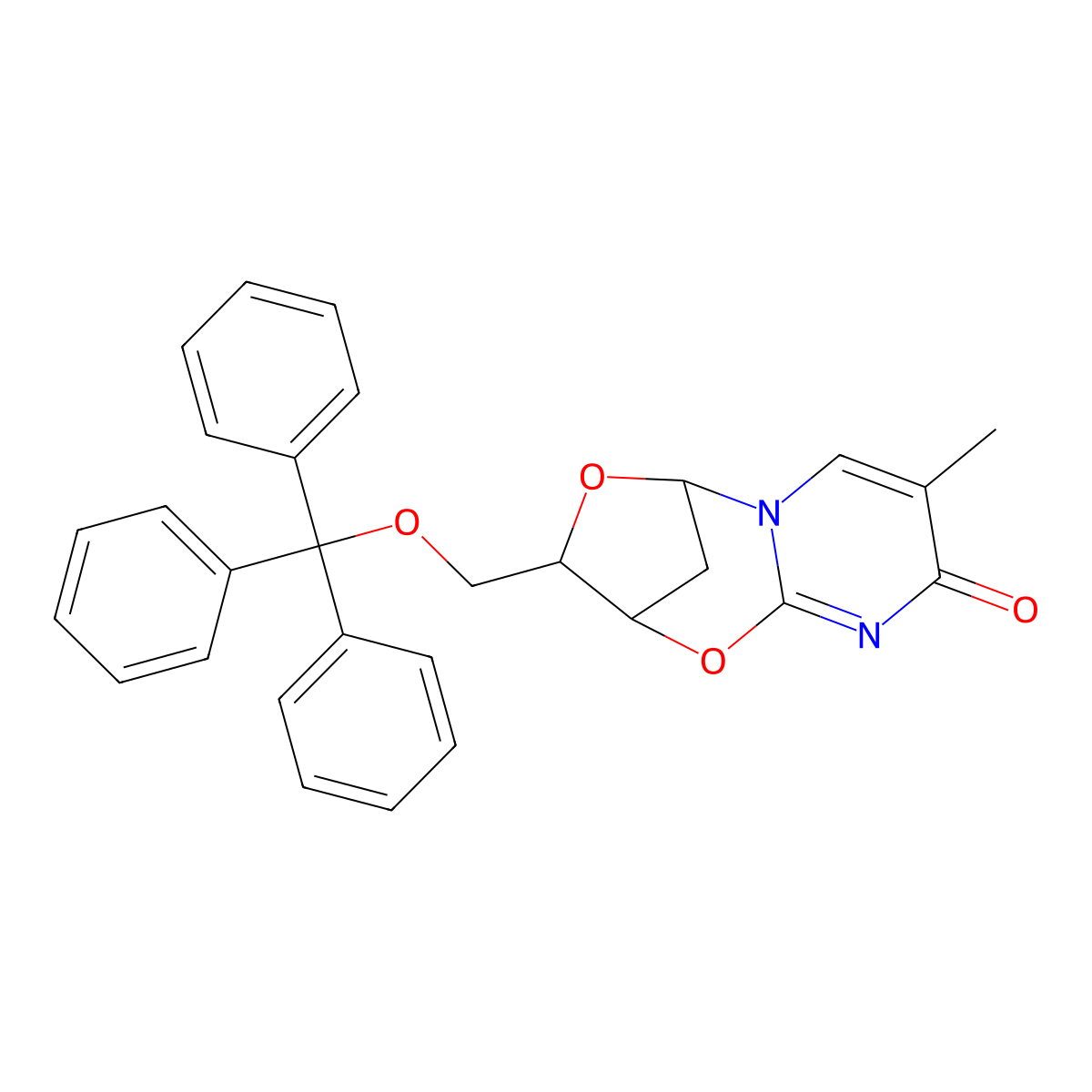 (2R,3R,5R)-8-Methyl-3-((trityloxy)methyl)-2,3-dihydro-2,5-methanopyrimido[2,1-b][1,5,3]dioxazepin-9(5H)-one molecular structure, CAS 25442-42-6