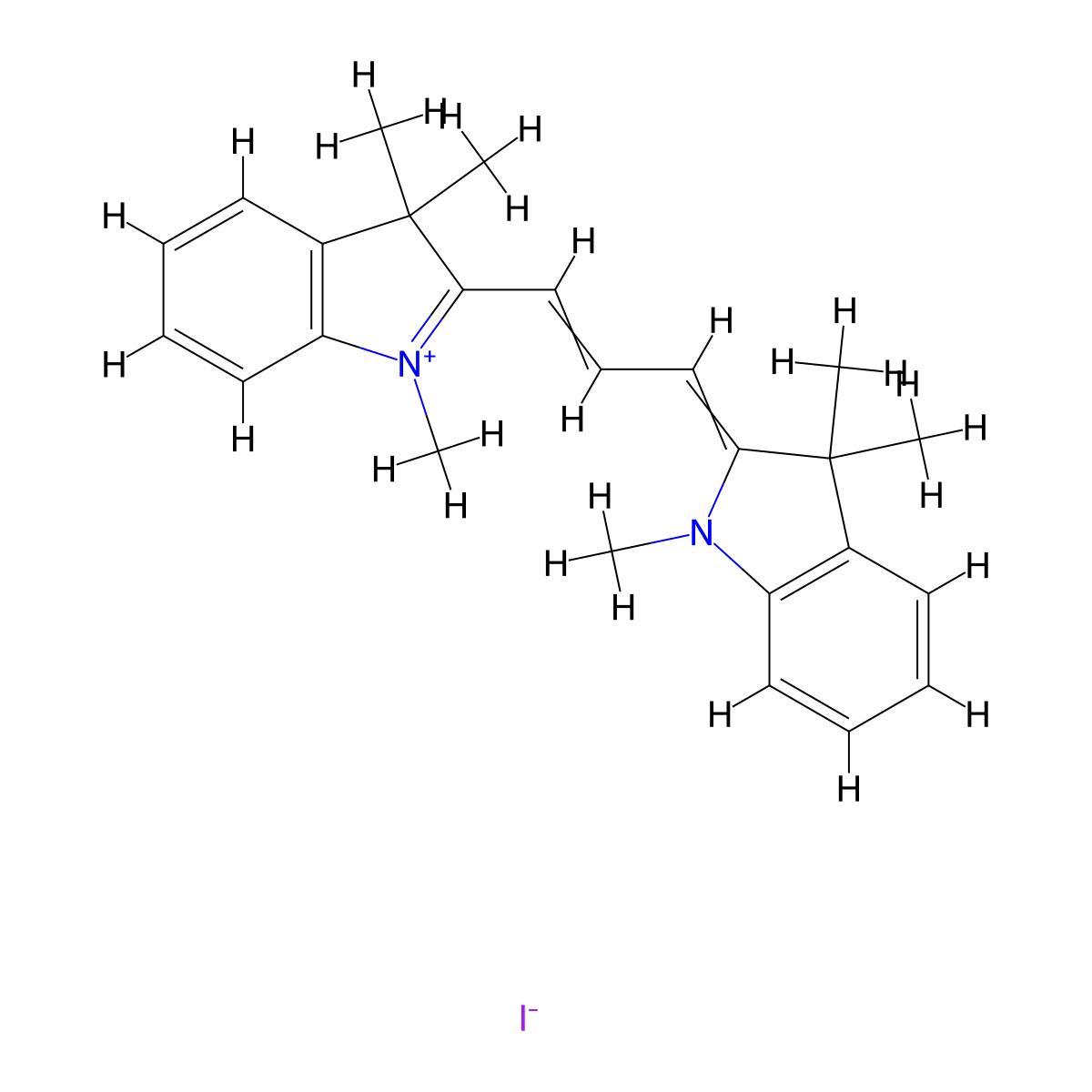 3H-Indolium, 2-(3-(1,3-dihydro-1,3,3-trimethyl-2H-indol-2-ylidene)-1-propen-1-yl)-1,3,3-trimethyl-, iodide (1:1) molecular structure, CAS 25470-94-4